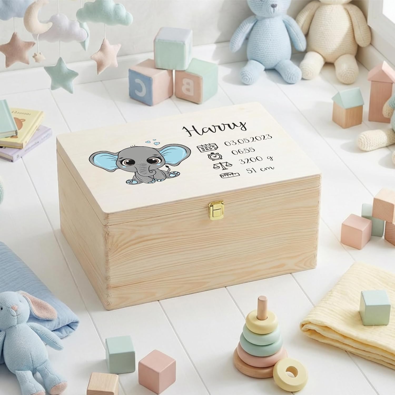 Creative Deco Personalized Baby Memory Box | Custom Keepsake Boxes | Unique Gift for Newborn Boy or Girl | Customized Wooden Storage Box with Hinged Lid | UV Print