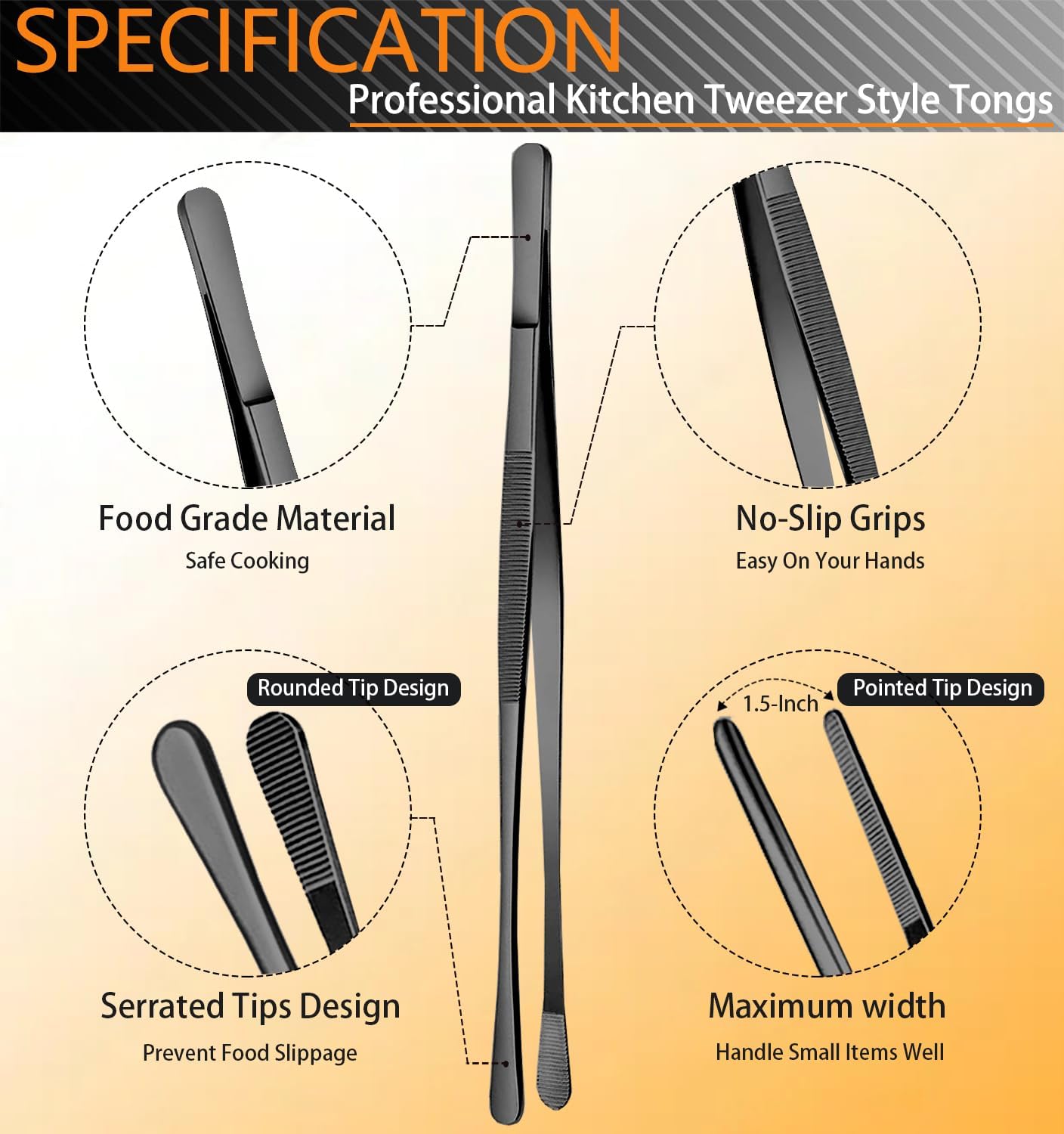 JETKONG 6 Pcs Cooking Tweezer Tongs, 12'' and 6.3" Stainless Steel Kitchen Tweezer Set, Professional Chef Tweezers for Cooking, Repairing, Sea Food, BBQ, Multi-use (Black) thumbnail