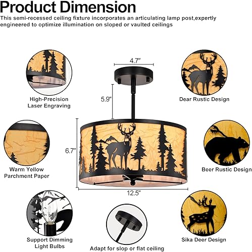 Miniatura 5 de Lámpara de techo rústica semiempotrada, lámpara de metal pergamino de granja con diseño de oso de ciervo, 3 luces industriales negras para comedor,