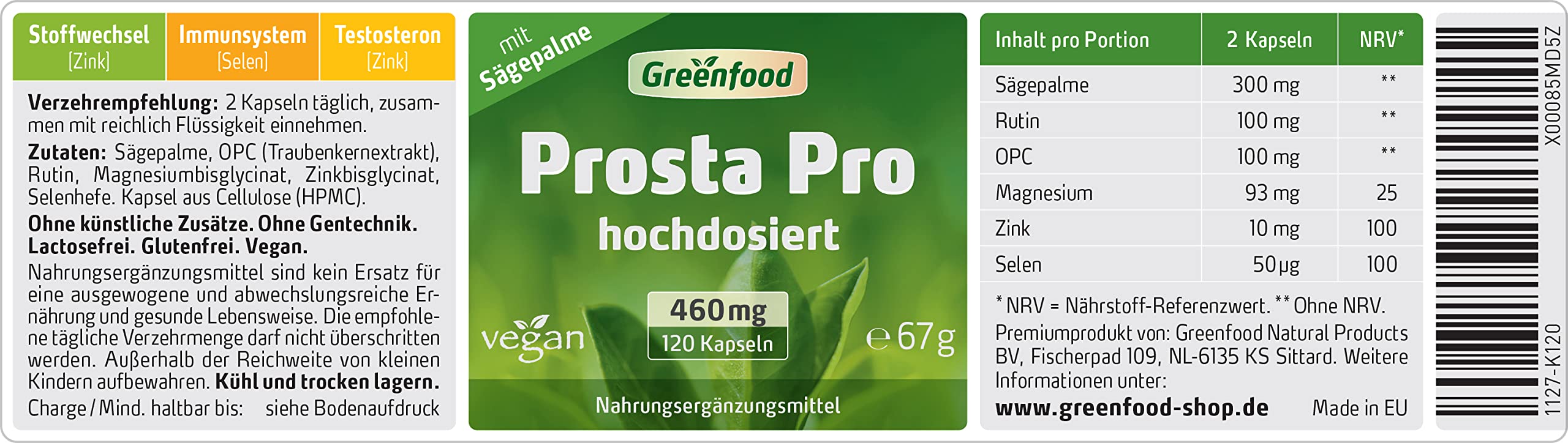 Prosta Pro, 460 mg - 120 Kapseln, vegan. Hochdosierte, reichhaltige Formel - mit Sägepalme, Zink, Selen u.a. OHNE künstliche Zusätze - laborgeprüft. Von Greenfood.