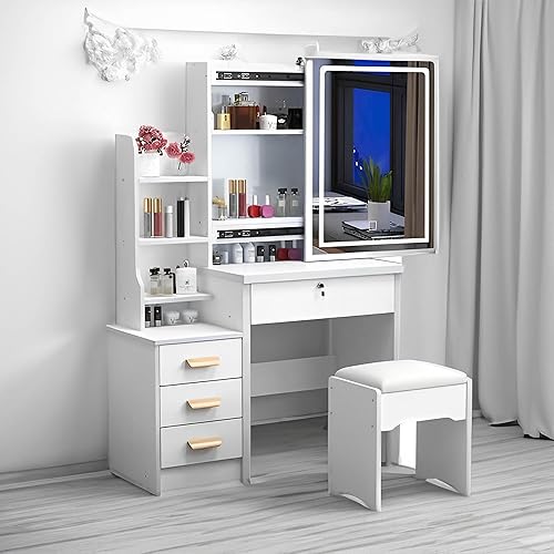 Escritorio de maquillaje con espejo y luces, juego de mesa de tocador con taburete tapizado y cajones, mesa de maquillaje con estantes para mujer,