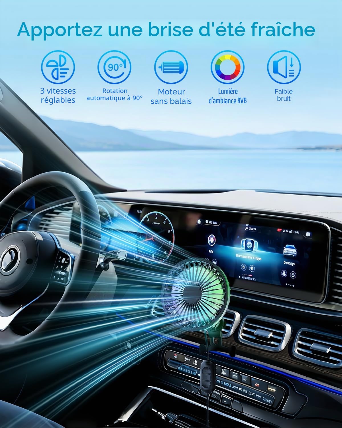 Ventilateur de Voiture, ventilateur de voiture Tête Mobile à 90°, 12V USB Ventilateur 3 vitesses 360° avec lumière RGB, Moins de bruit Convient à une grande variété de véhicules