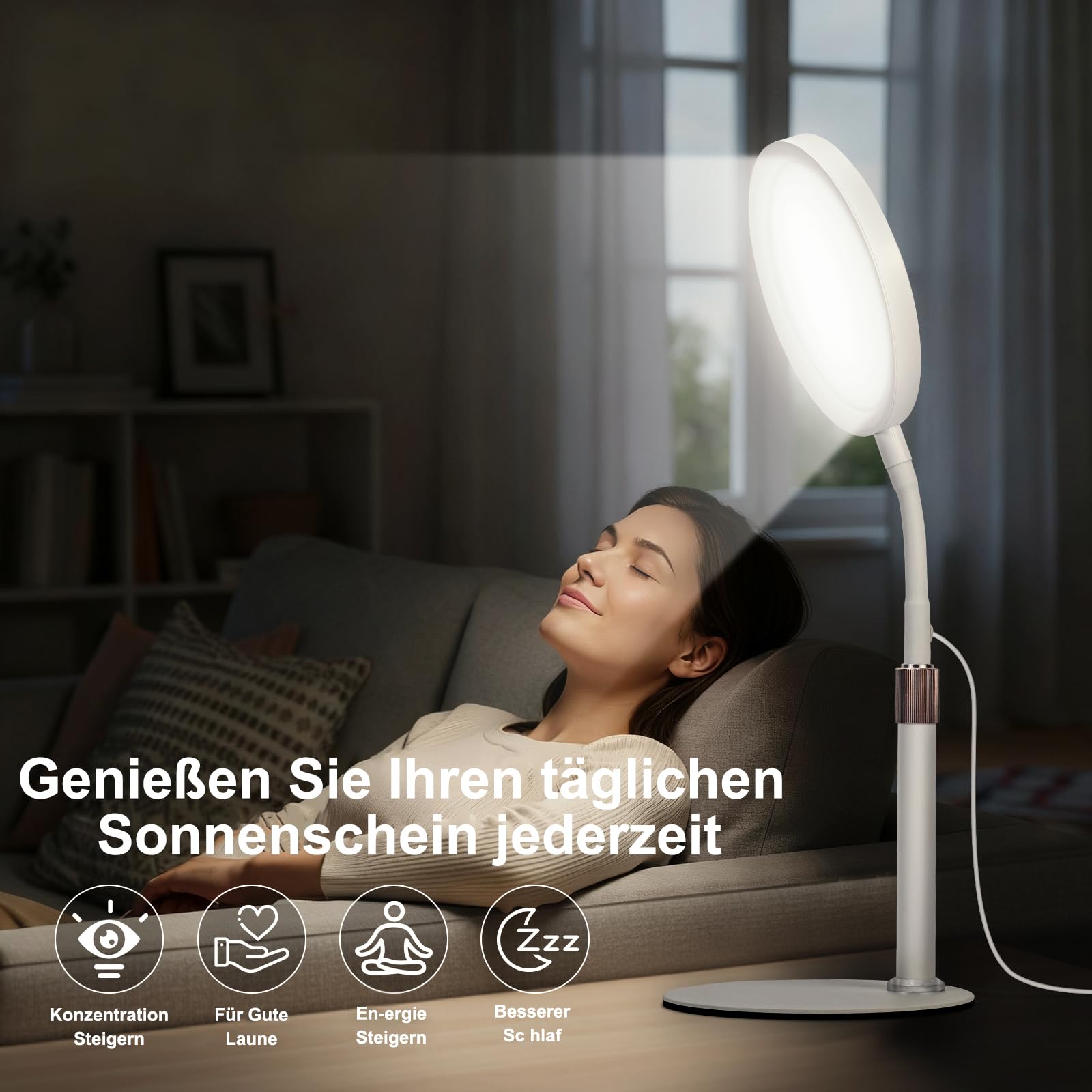Tageslichtlampe, 10000 Lux, 3 Farbtemperaturen, 9 Helligkeitsstufen und Timer, Ideal für Lesen/Büro/Schlafzimmer (weiß)