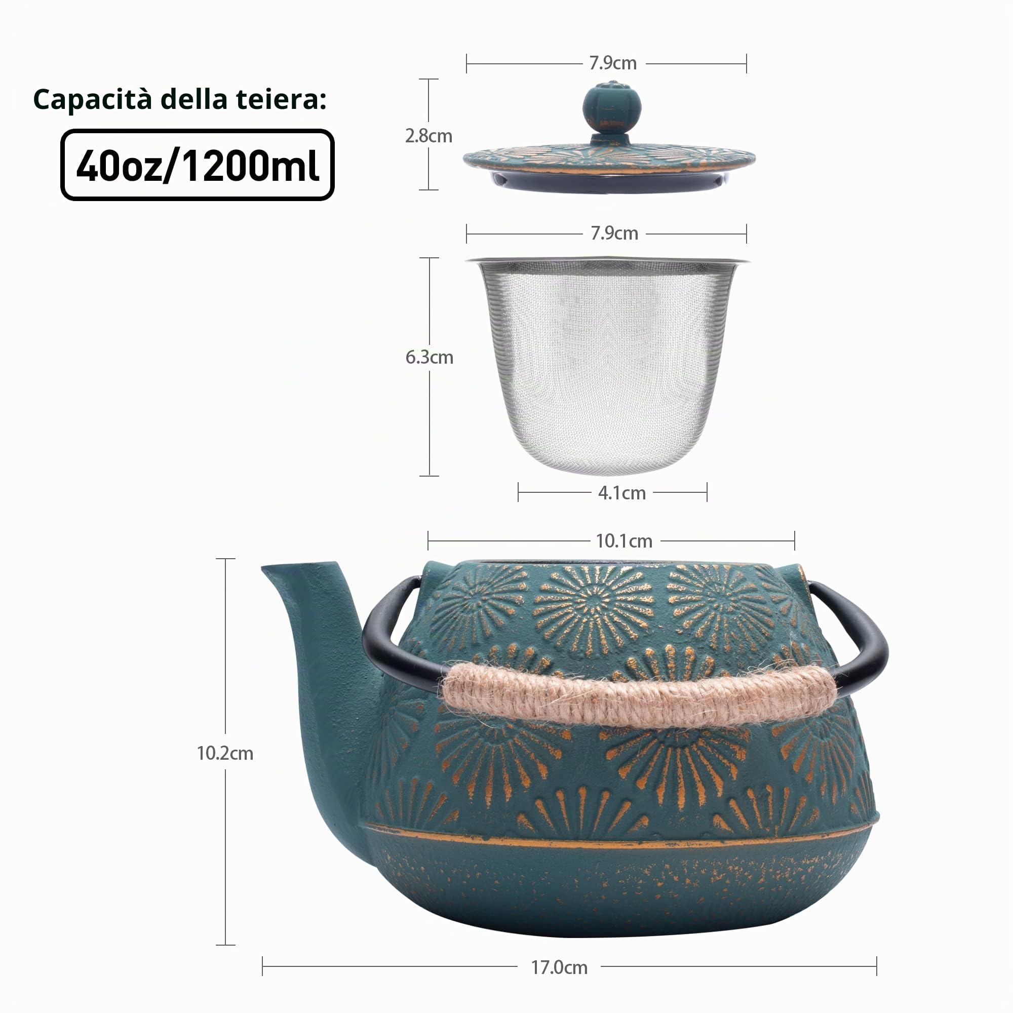 Teiera in Ghisa, Teiera Giapponese con Infusore per Foglia Sciolta, Grande Capacità 1200ml Sakura Design Bollitore da Tè per Piano Cottura Rivestito con Interno Smaltato, Verde