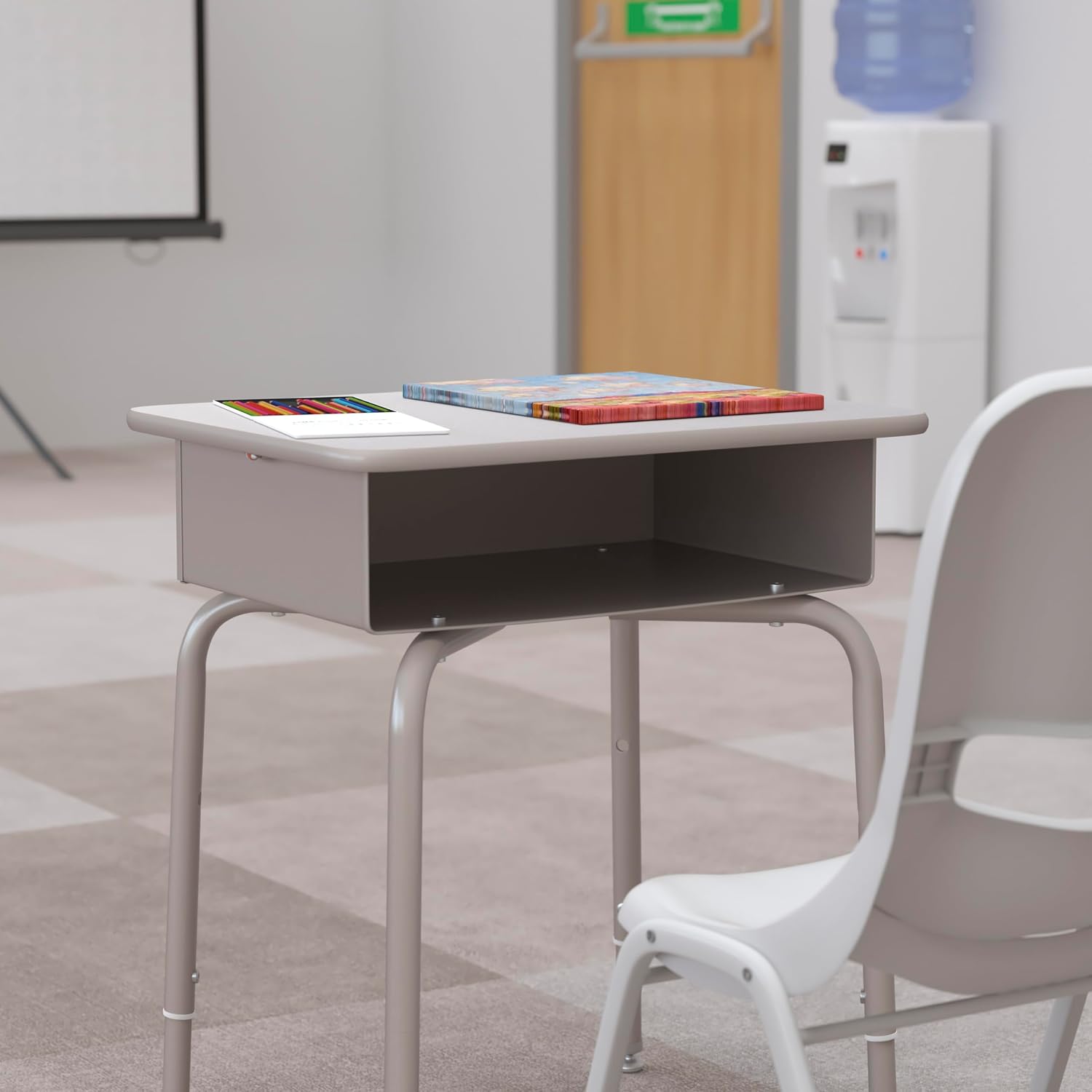 BizChair Student Desk - Gray Granite Open Front School Desk - Silver Metal Frame - 24" W x 18" D Adjustable Height, Durable for School or Remote Learning
