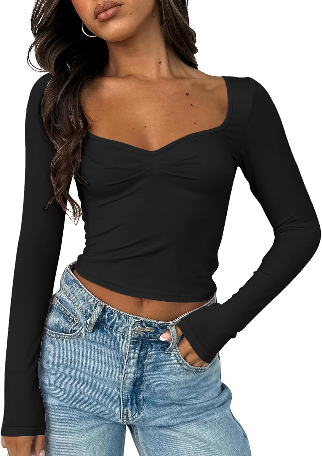 Women's Long Sleeve Going Out Crop Top Sexy Pleated Trendy Shirt Sweetheart Neck Y2K Ruched Cropped Tops