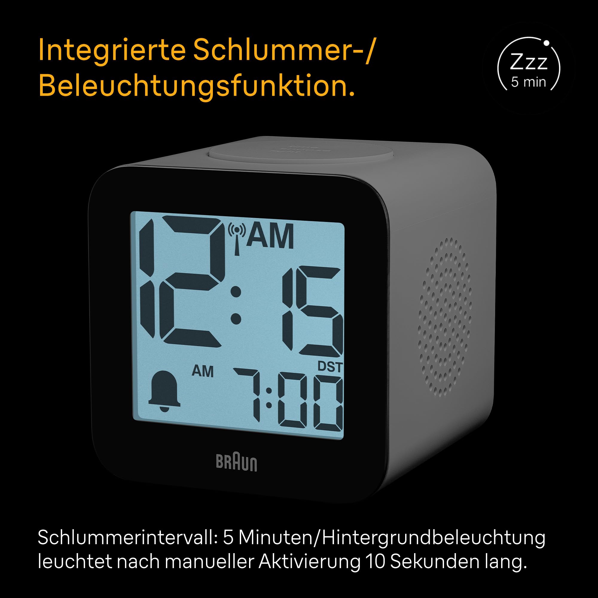 Braun digitaler funkgesteuerter Wecker für mitteleuropäische Zeitzone (DCF) mit Sprachausgabe, Schlummerfunktion, positiver LCD-Anzeige, ansteigendem Signalton in Weiß, Modell BC25WP-DCF