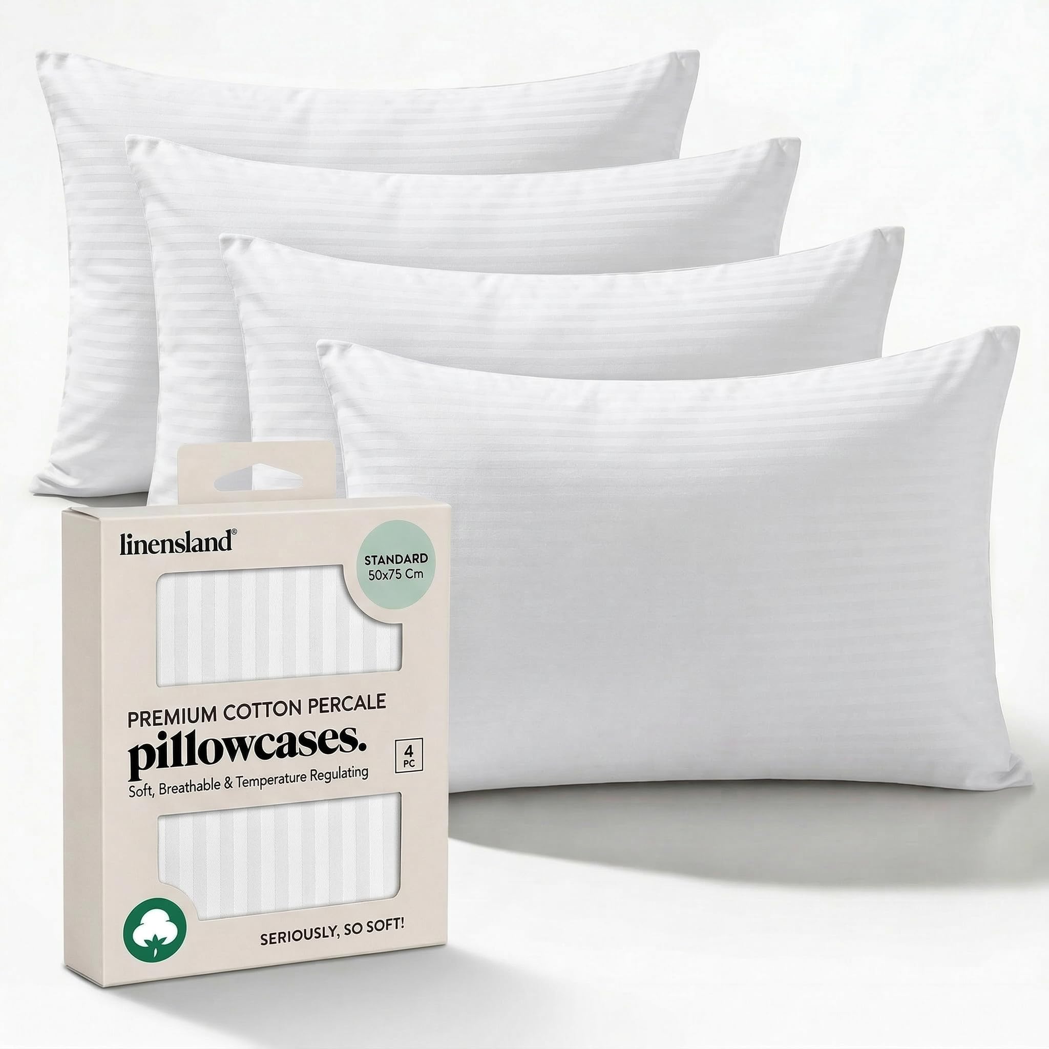 linensland® - 4 Pack Egyptian Cotton Pillow Cases - 250 Thread Count, Premium Hotel Quality, Soft & Breathable, Envelope Closure Pillowcases - Standard Size (50x75 cm), Stripe