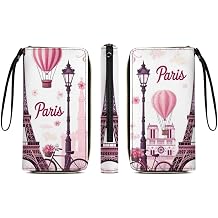 Women's PU Leather Long Wallet, Zipper Travel Credit Card Holder Pink Paris Eiffel Tower Card Organizer Purse with Multiple Card Slots