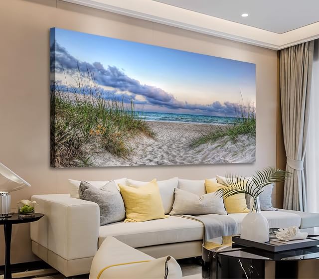 Ocean Beach Wall Art Landscape Canvas Pictures Large Modern Sea Decor Blue Canvas Artwork Waves for Living Room Bedroom Office Home Wall Decor Contemporary Wall Art Framed Ready to Hang 50cm x 100cm