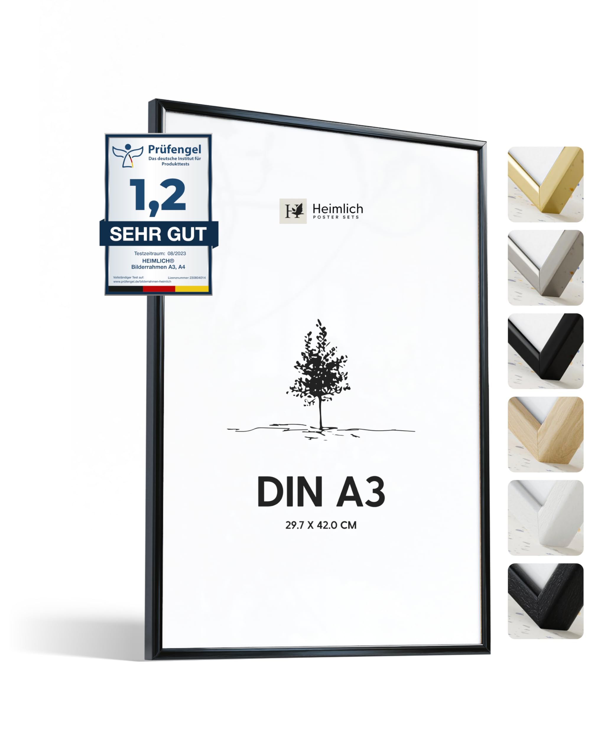 Heimlich® 1 x Marco de fotos A3 Aluminio Negro marcos cuadros | Vidrio Acrílico Irrompible Grano Visible Duradero Fácil de Colgar | Para Decoración de Pared y Decoración Hogar marco A3