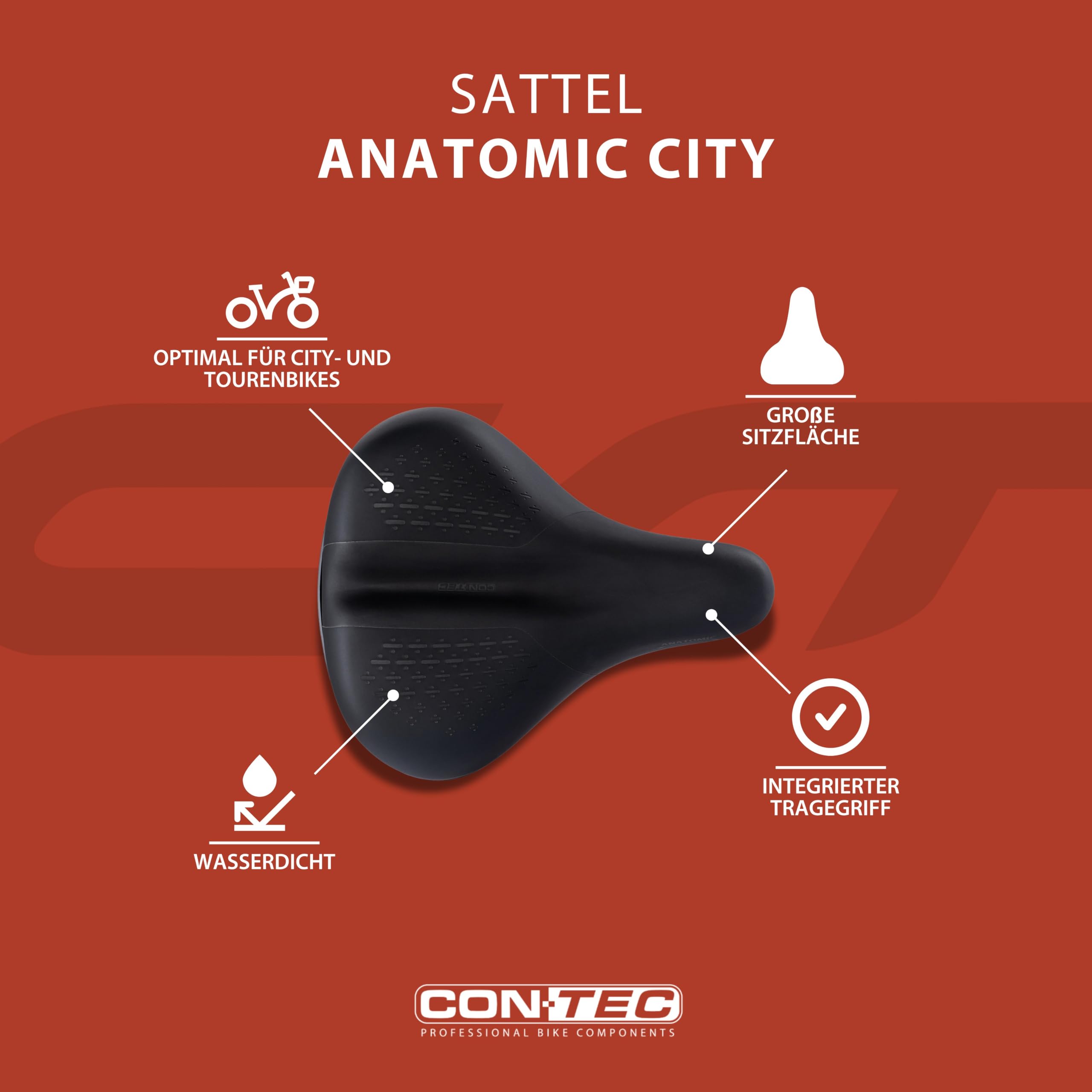 CONTEC Fahrradsattel Anatomic City, aus Polyurethan, Stoßdämpfend, bequemer Fahrradsattel, inkl. Skala, Ergonomischer Fahrrad Sattel für Herren & Damen, schwarz