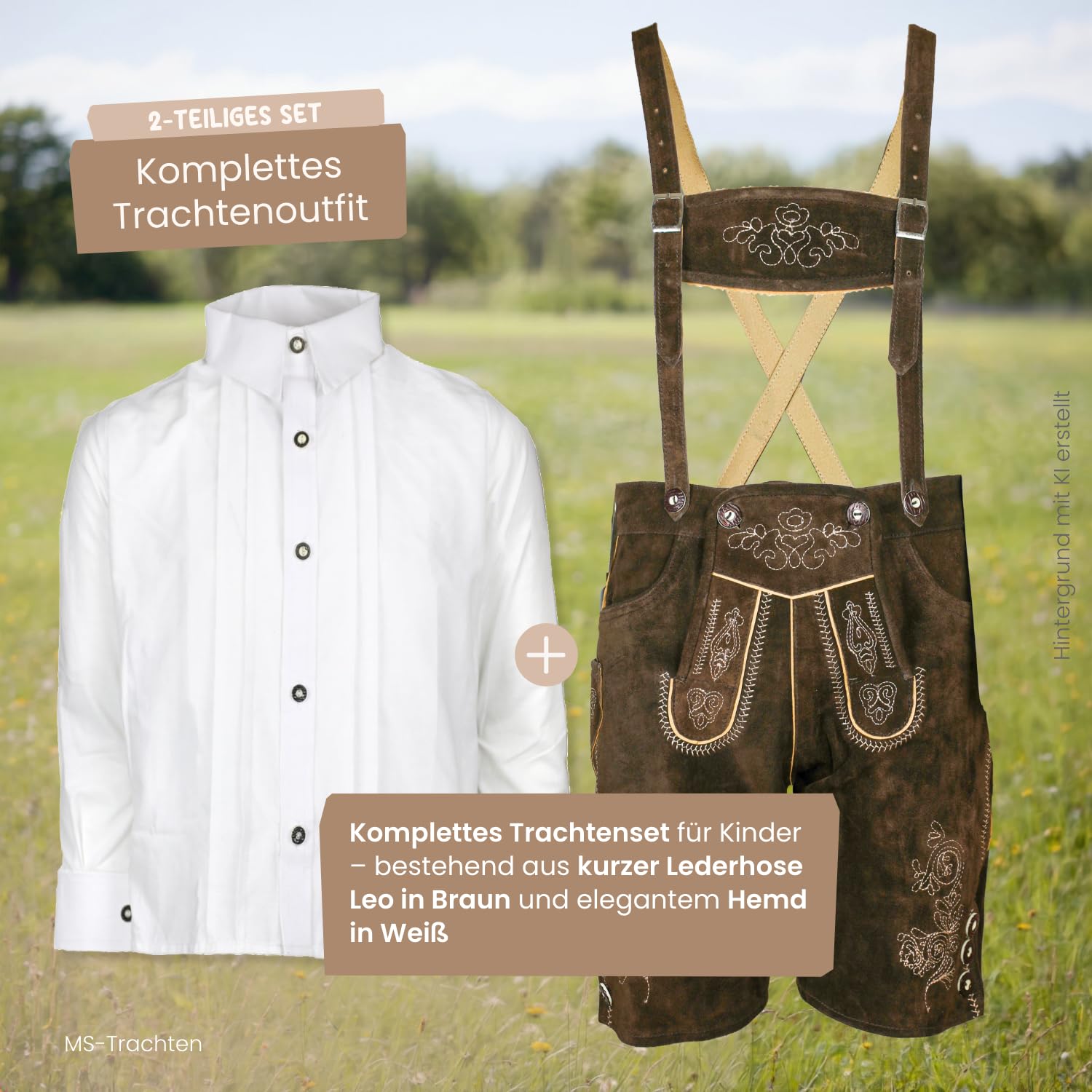Trachtenset Kinder Lederhose Leo braun Trachtenhose mit Hemd weiß