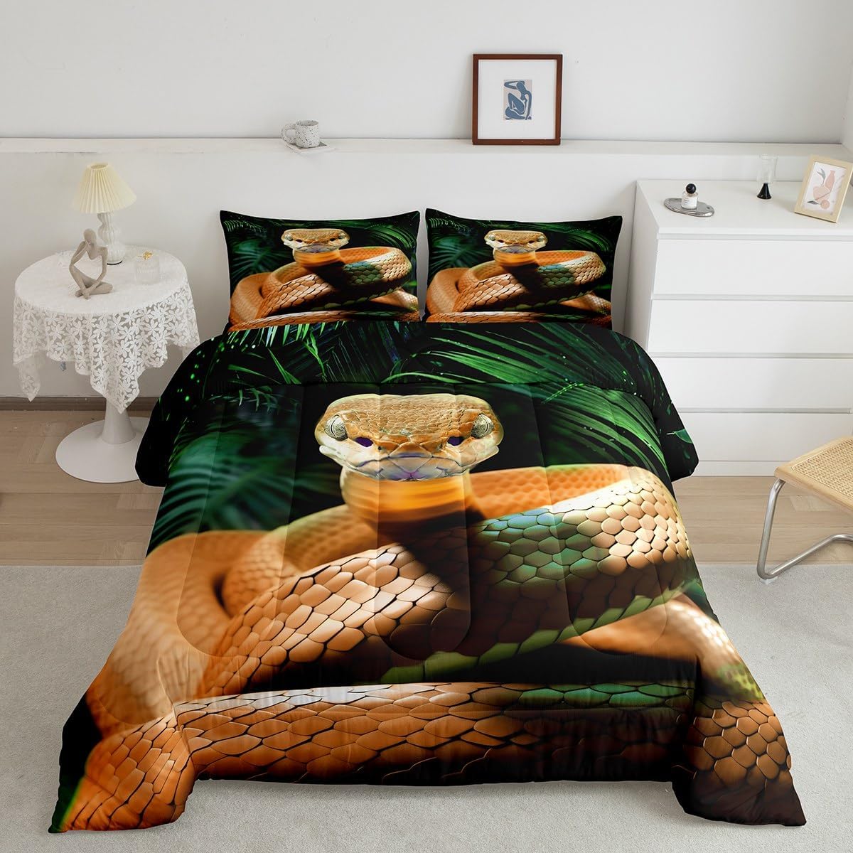 Snake Duvet Insert Queen, Yellow Snake Comforter Set, 3D Reptile Bedding Set, Yellow Scales Cold-Blooded Animals Quilt Tropical Palm Leaf Wildlife Down Comforter For Kids Boys Teens Man Bedroom Decor