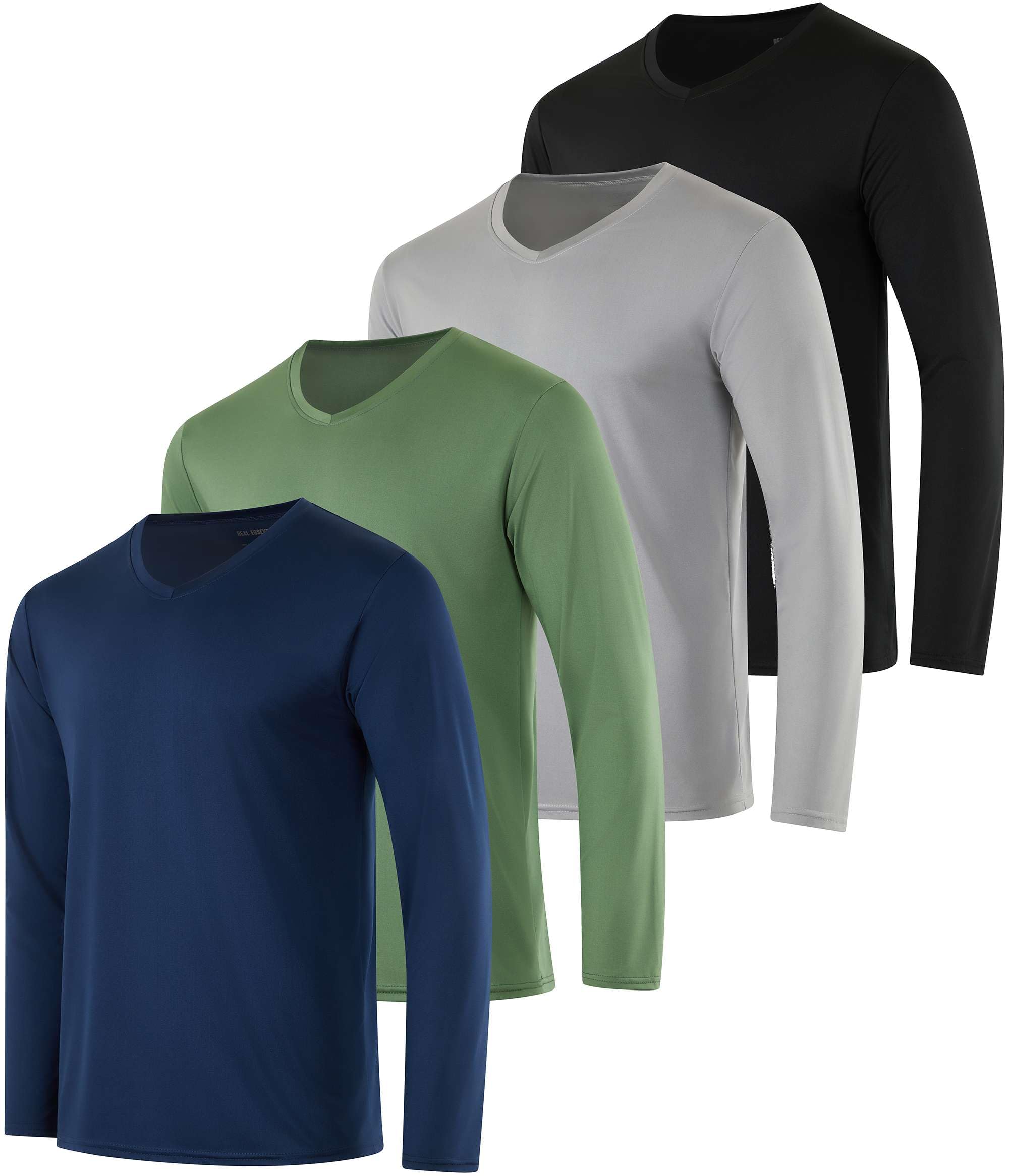 Real Essentials 4 Pack: Men's Dry Fit Long Sleeve V-Neck Active T-Shirt - Athletic Outdoor UPF 50+ (Available in Big & Tall)