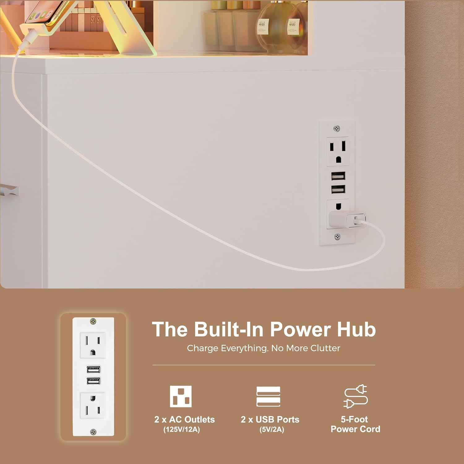 Vanity Desk with Mirror and Lights, 41.34" 7-Drawer Makeup Table with RGB Transparent Top, Power Outlet, No Stool, 9 Open Shelves for Girls and Ladies Bedroom, White (White 14)