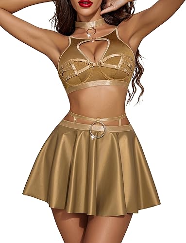 Avidlove Conjunto de lencería para mujer, falda de piel sintética, traje de disfraz de cintura alta con gargantilla
