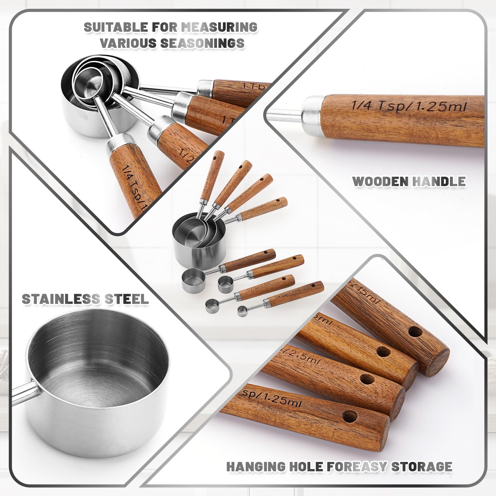 Set di 8 misurini e cucchiai con manico in legno (argento8)