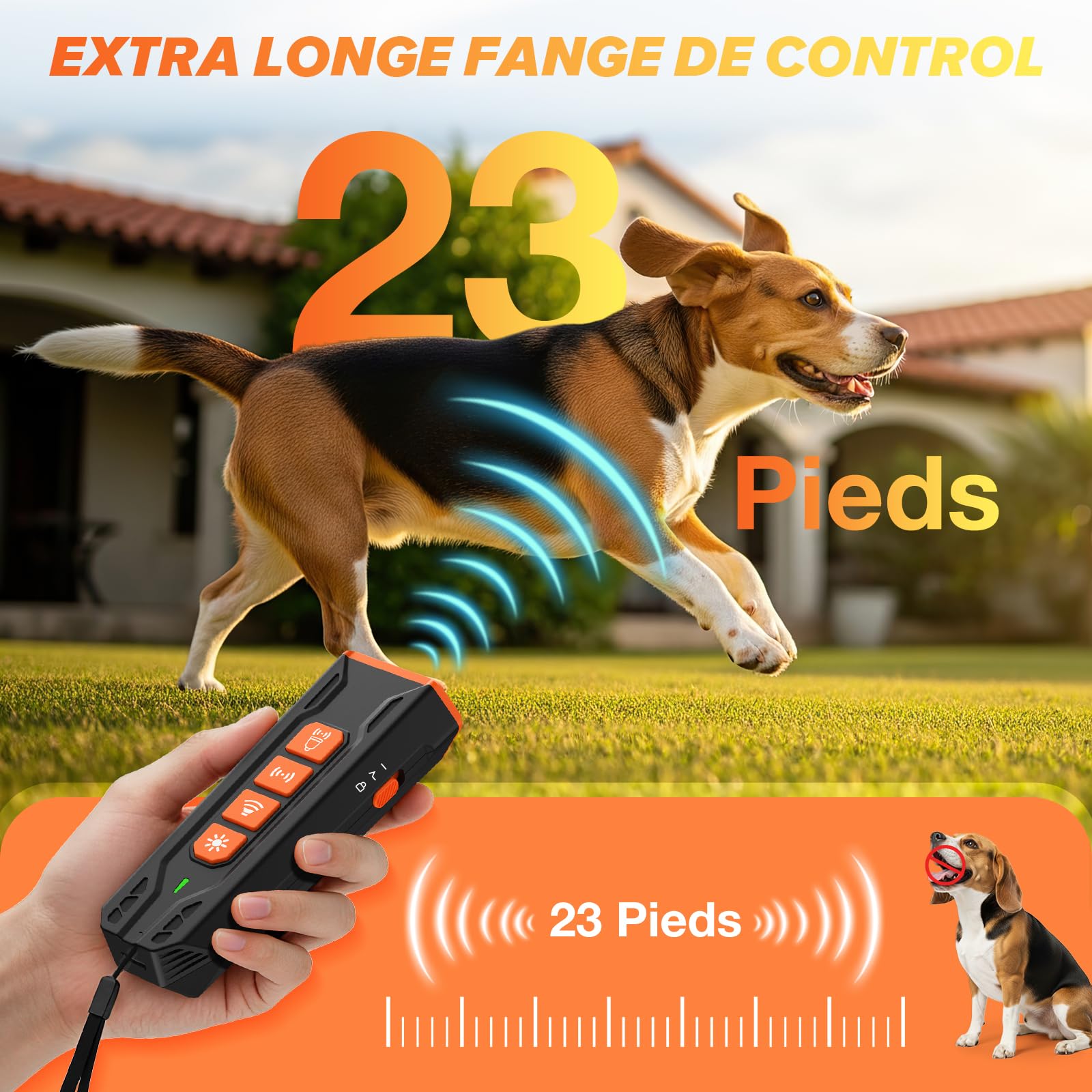 Anti Bell Gerät Hunde - 4 Modi Hundetrainingsgerät bis 23 Fuß Reichweite, Wiederaufladbar Ultraschall Hundeabwehr mit Frequenze Taschenlampe, Effektiv Hundetrainings Geräte Draußen Zuhause