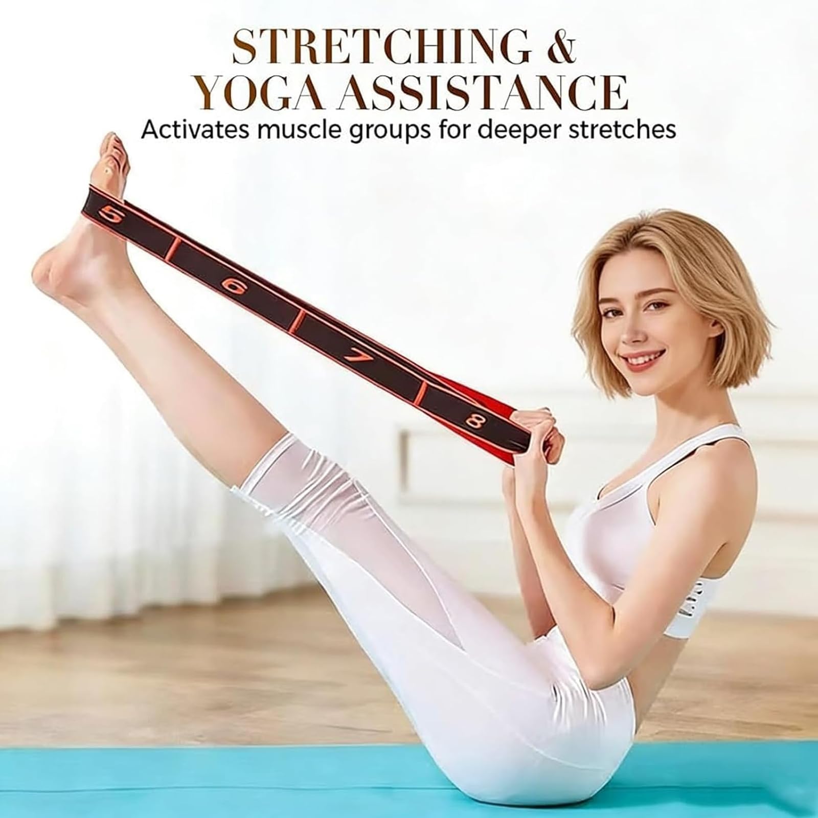 Fitness Widerstandsband für Stretching und Yoga, 8 Schlaufen Gummiband für Flexibilität und Krafttraining, ideal für Pilates und Ganzkörpertraining