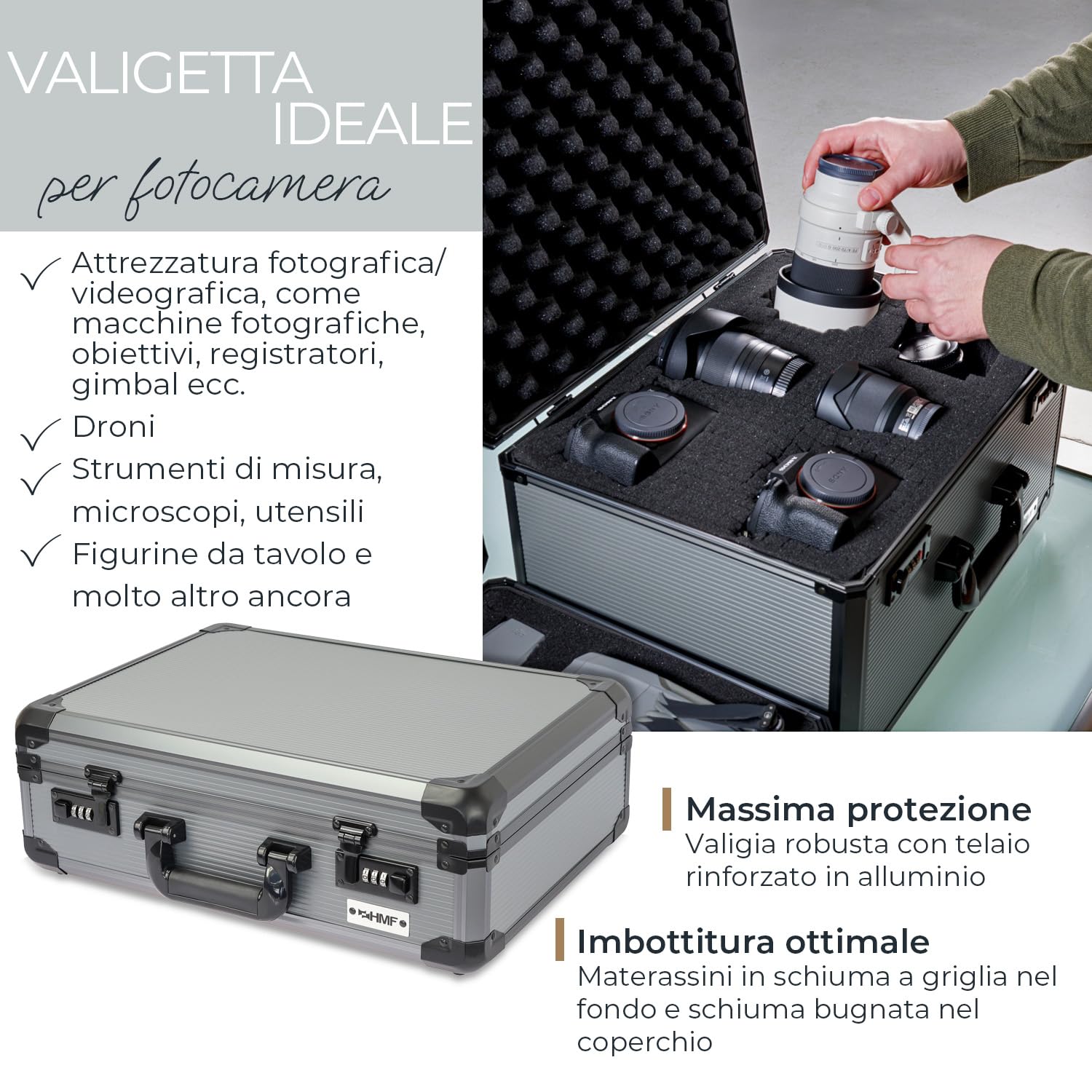 HMF 14402-02 Valigetta per Fotocamera in Alluminio, Custodia per Pistole con Schiuma Raster | 46 x 33 x 15 cm