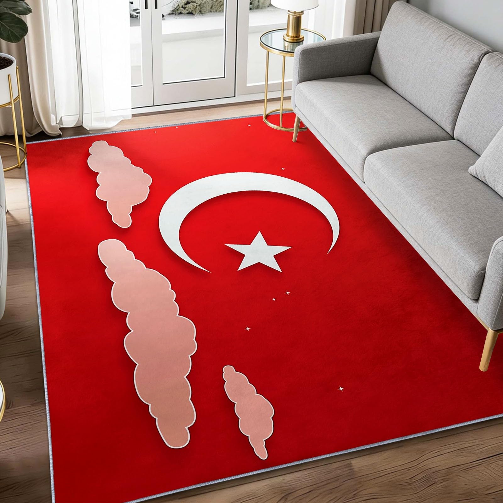 Alfombra de nubes y luna con reverso antideslizante roja de 160 x 230 cm