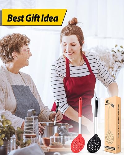 Miniatura 7 de Kitchen Ladle Strainer Set of 2 Large Slotted Spoon with High Heat Resistant BPA Free Non Stick Cooking Skimmers For Draining & Frying (Black and