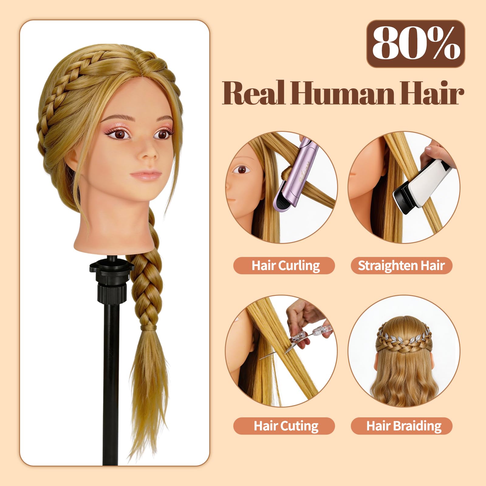 Yofuly 26Zoll/66cm Frisierkopf, 80% Echthaar Übungskopf, Make-up Frisieren Trainingsköpfe, Puppenkopf Friseur Mannequin Kopf mit Tischklemme + DIY-Zopfset (Hellbraun)