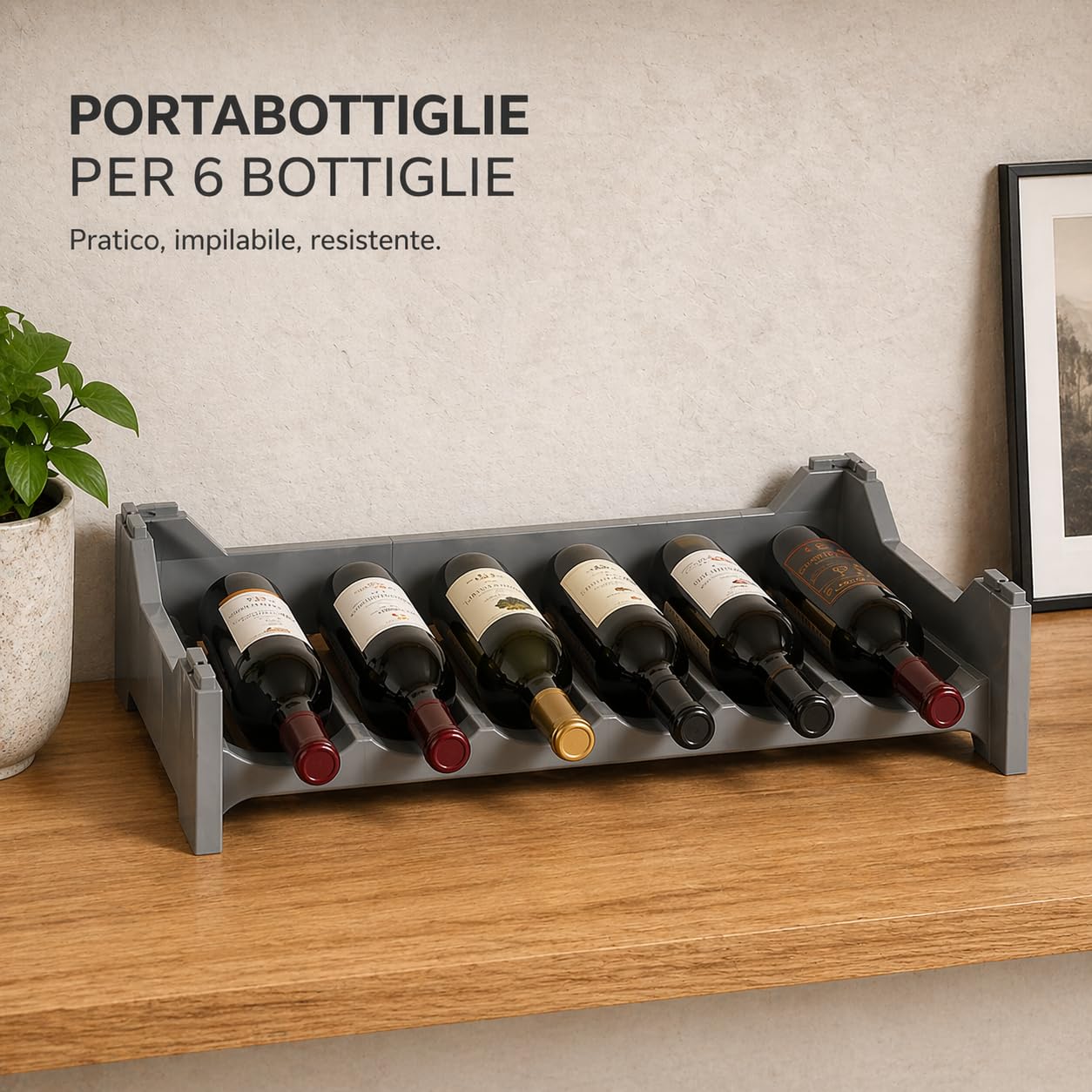 Set Cantinetta Vino Portabottiglie - in Plastica, Eleganti, Impilabili, Lavabile, Modulare, Organizzare e Valorizzare la Tua Collezione, Soluzioni Pratiche, Decorative - (6, Argento)