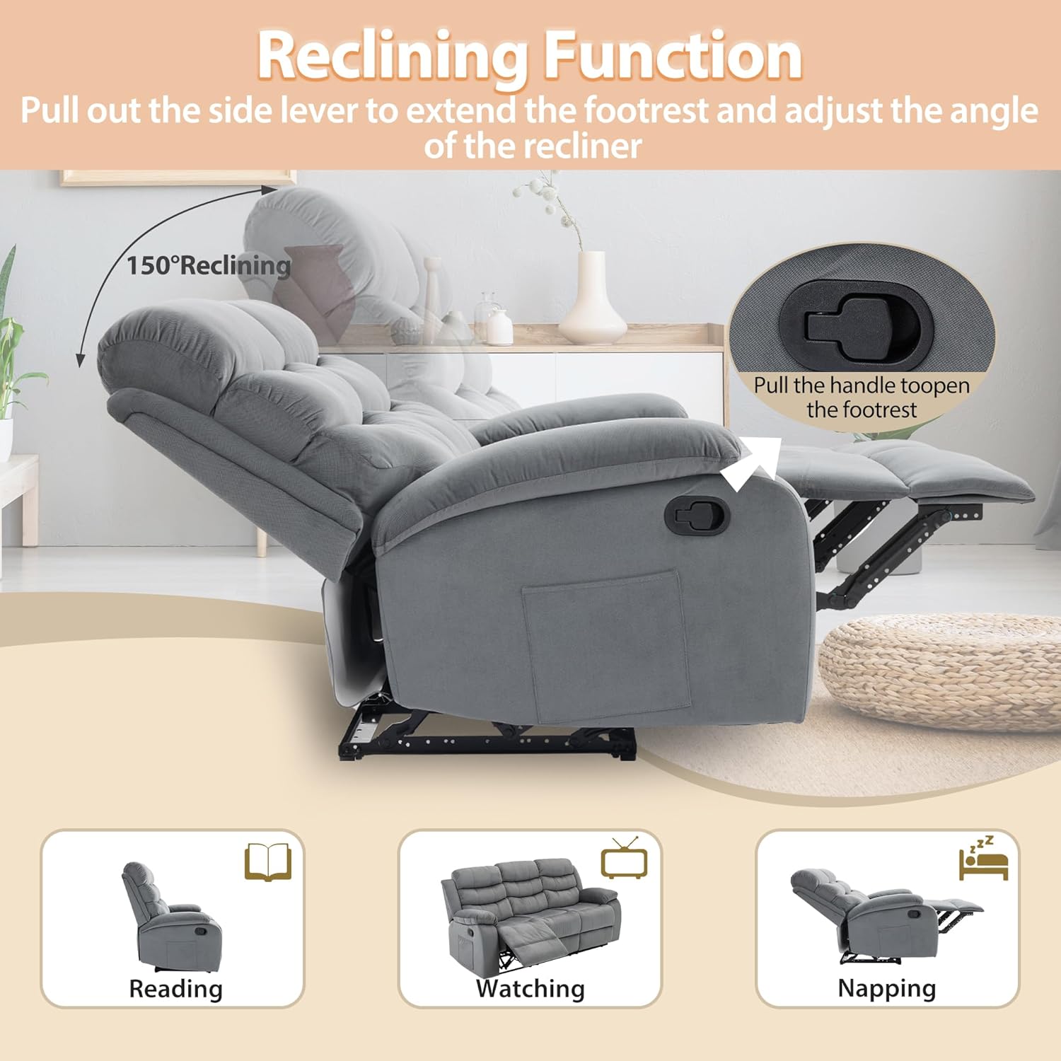 RV 3 Seater Couch Recliner with Overstuffed Arms Wall Hugger 3-Seater Manual Reclining Couch with Side Pocket Manual 3 Seat Reclining Sofa for Living Room RV Bedroom Home Theater Apartment