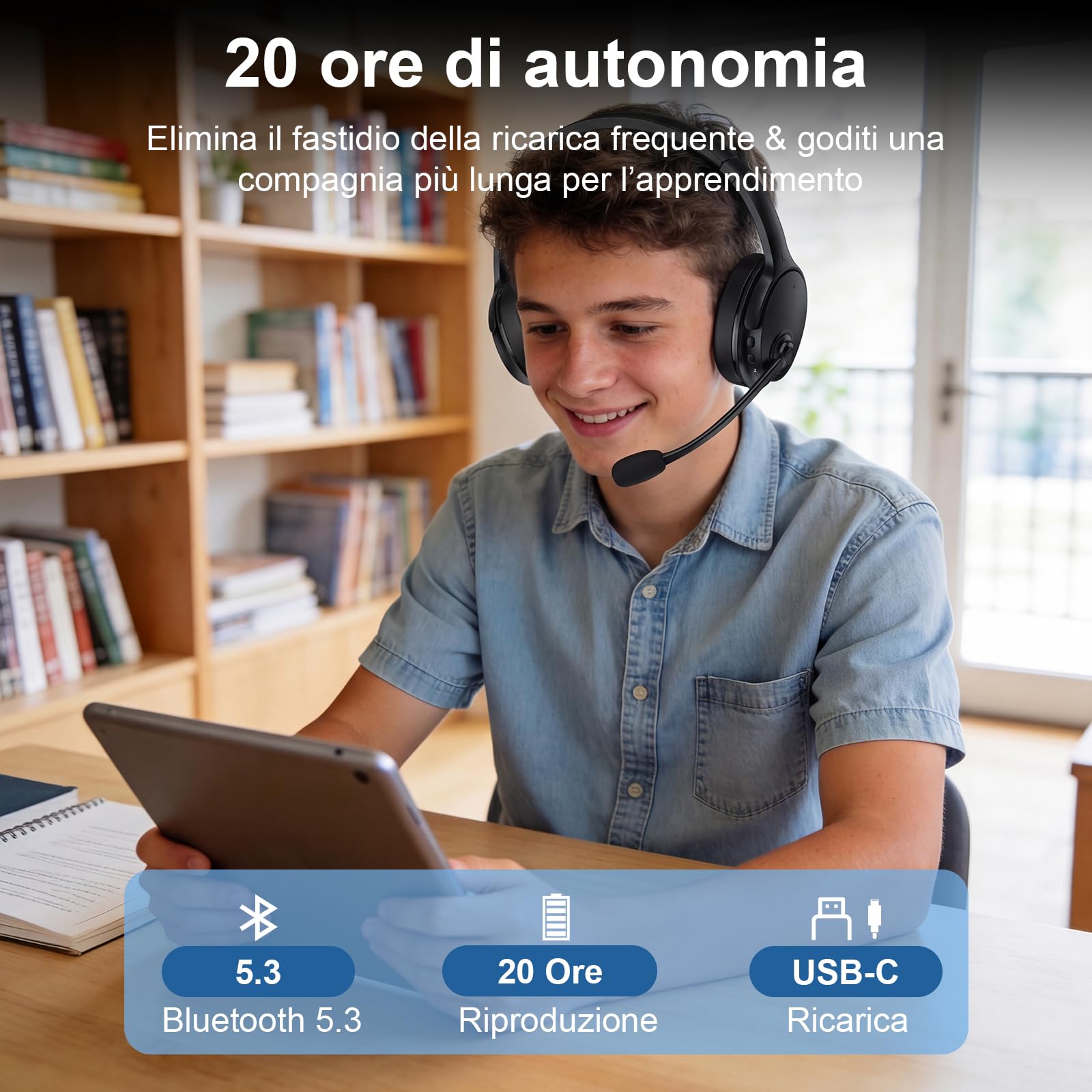 Cuffie Memory Learning, Bluetooth 5.3 con Eco in Tempo Reale per Lettura, Addestramento Lingua & Apprendimento Multisensoriale, 20H Batteria, Over-Ear Latenza Zero con Microfono per Supporto Educativo