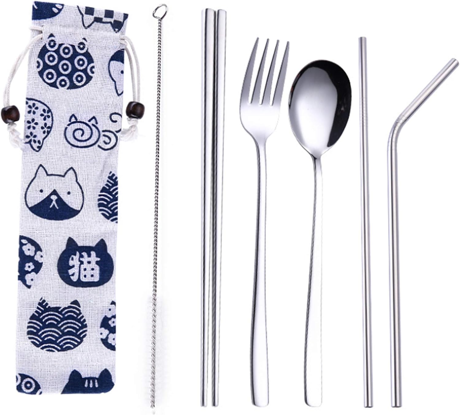Chopsticks Spoon Fork Set Flatware Dinnerware Stainless Steel 304 with Travel Box and Bag for School Work Luch、camping 、outdoor etc (Silver-7pcs)