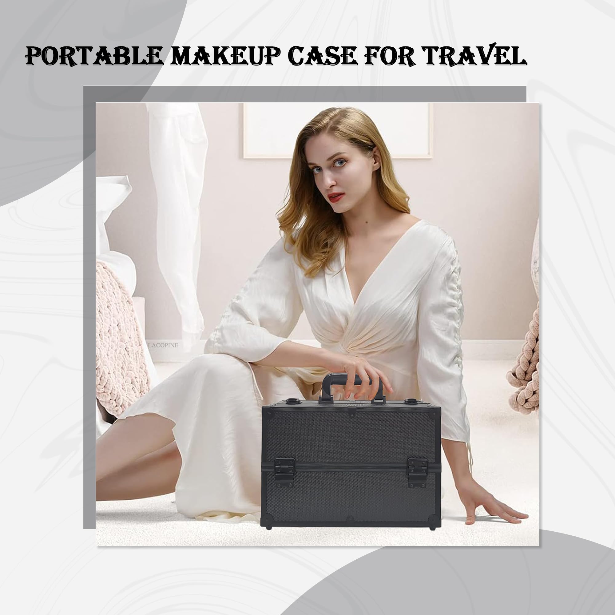 LACOPINE Makeup Train Case Professional Adjustable - 4 Trays Cosmetic Cases Makeup Storage Organizer Box with Lock and Compartments (DESIGN2-BLACK) - Image 7 thumbnail