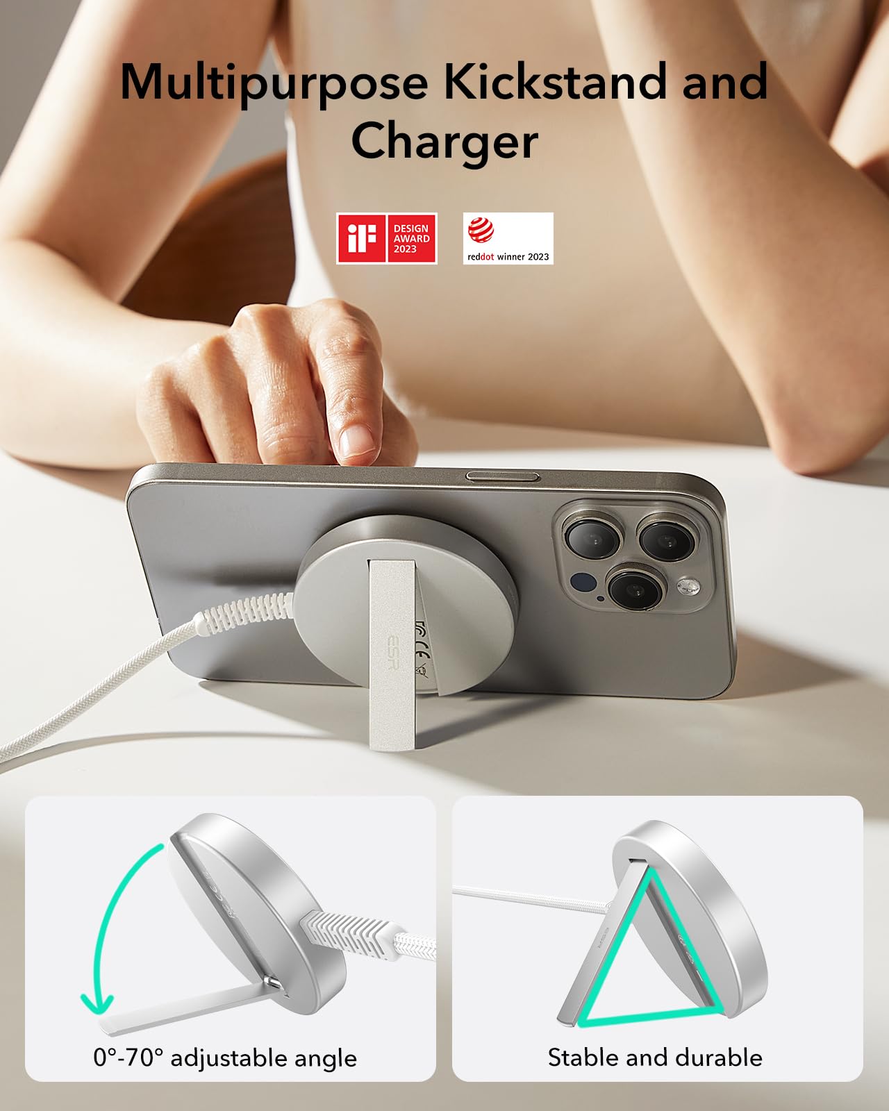 ESR Cargador Magsafe de 15 W, Cargador inalámbrico con Soporte para iPhone 17/17e/16/15/14/13/12, Google Pixel 10, Samsung Galaxy S26/S25 Series, AirPods 4/3/2, estación de Carga inductiva, Blanco