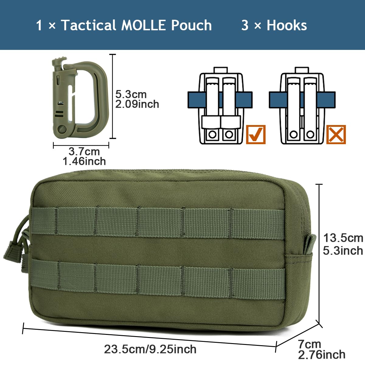 MUCHER EDC Pouch Molle Pouches Tactical Waist Bag Utility Waist Pack with 3 Hooks for Outdoor Hiking Hunting Camping Training (A-Green) - Image 2