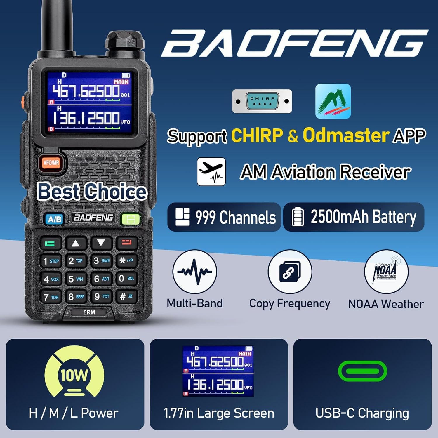 Baofeng 5RM Handheld Ham Radio 10W Long Range Walkie Talkies with Wireless Programmer,NOAA Weather Radio,2500mAh USB-C Battery,Long Antenna,Speaker Mic,999CH for Survival Gear Hunting Camping - 2Pack