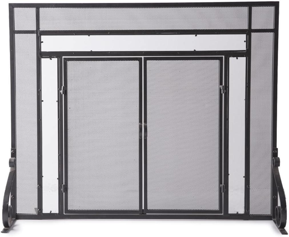 Plow & Hearth Metal Fireplace Screen Glass Flatguard Black | 44" W x 33" H | 2 - Door | Spark Guard Indoor Grate | Iron Fire Place Cover | Wood Burning Stove Decorative Accessories