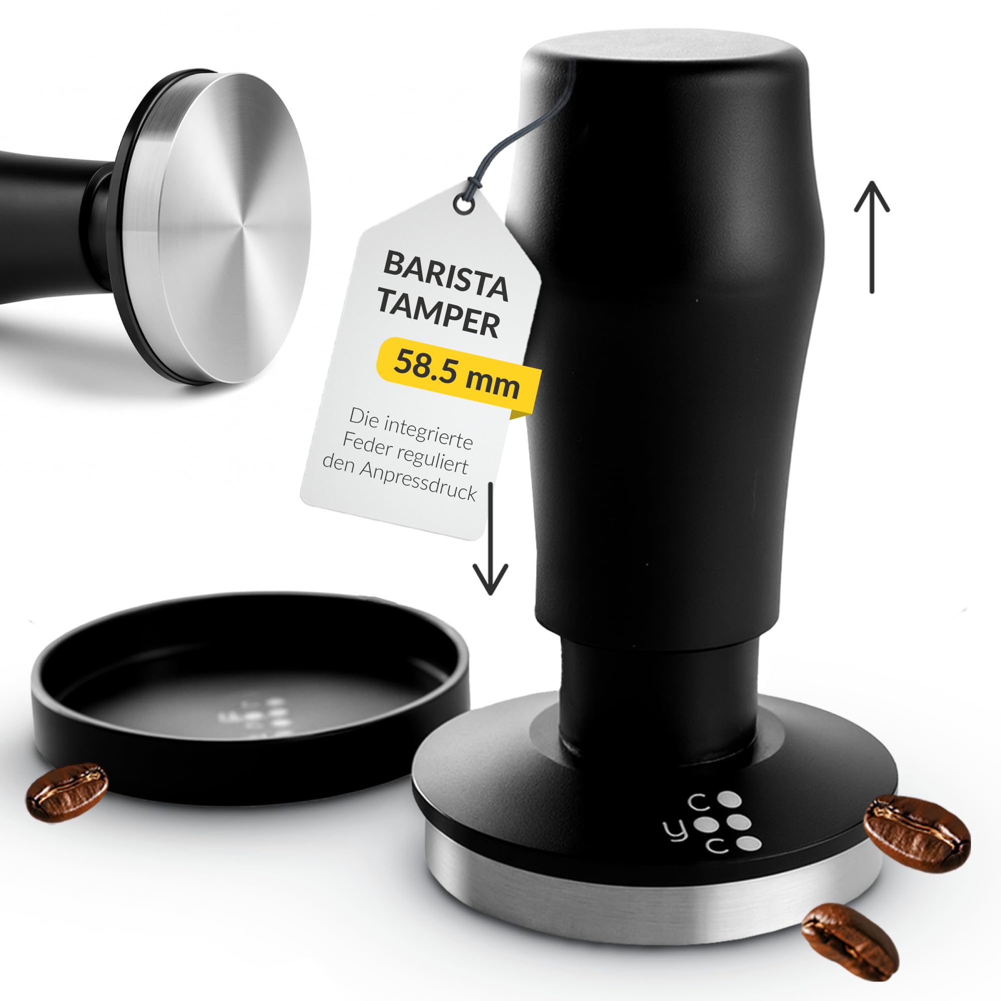 Coyooco Barista Tamper druckregulierend 58,5 mm - Siebträger Tamper mit Feder für gleichmäßigen Druck - Kaffeestempel mit ergonomischem Griff