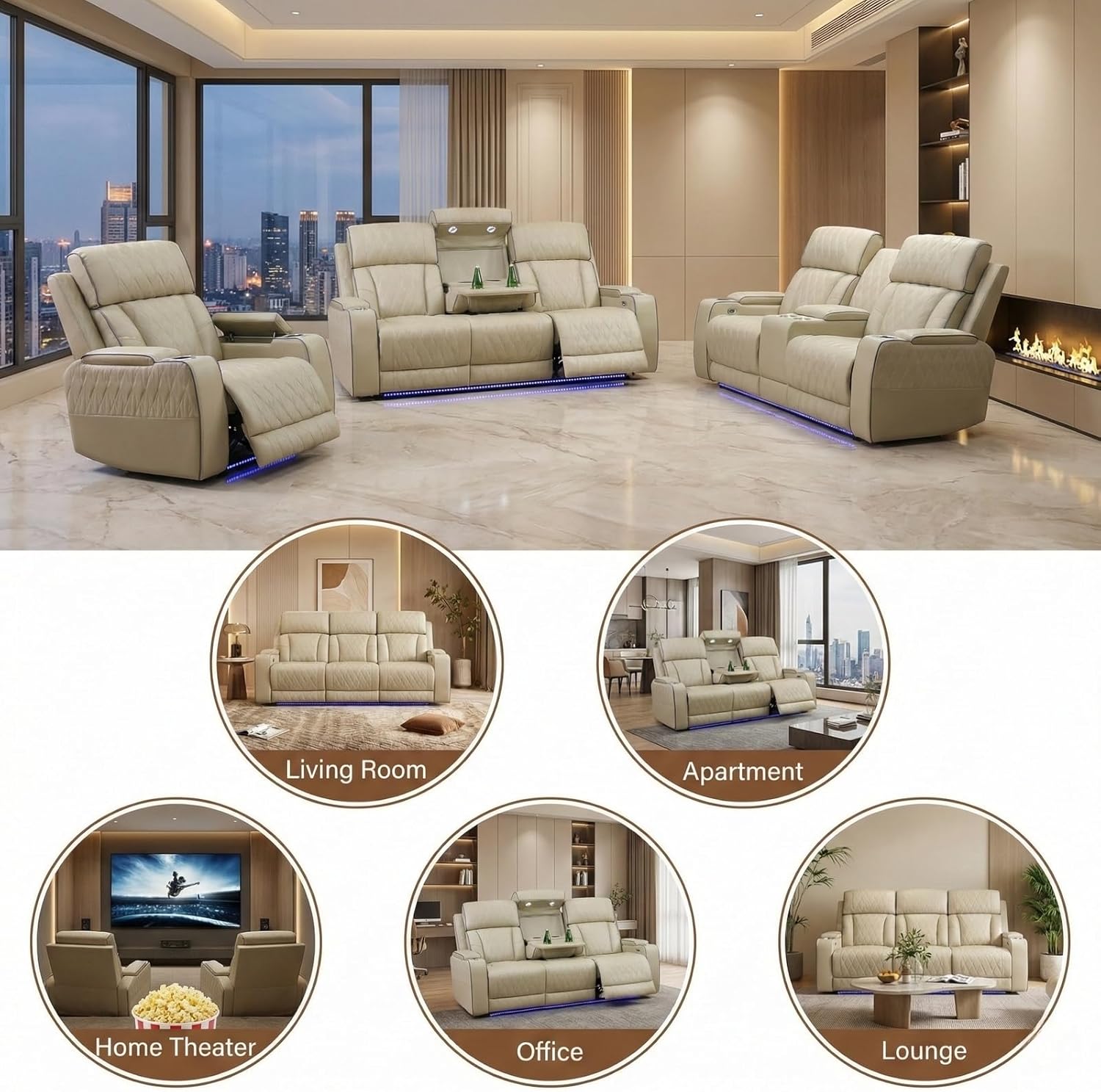 3-Piece Power Recliner Set with LED Lights, Quilted Air Leather Recliner Sofa with USB Port/Storage/Cup Holder/Reader Light for Living Room/Home Theater/Office/Apt, Beige