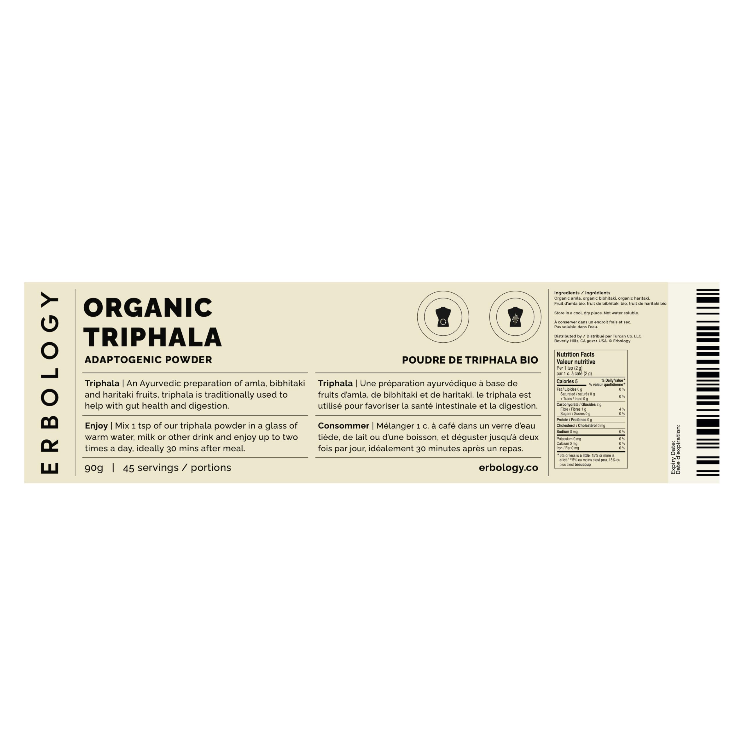 Triphala in polvere 100% biologica, 90 g, 45 porzioni, miscela ayurvedica di amla, haritaki e bibhitaki, salute intestinale, direttamente dalla fattoria in India, cruda, vegana e senza glutine, non