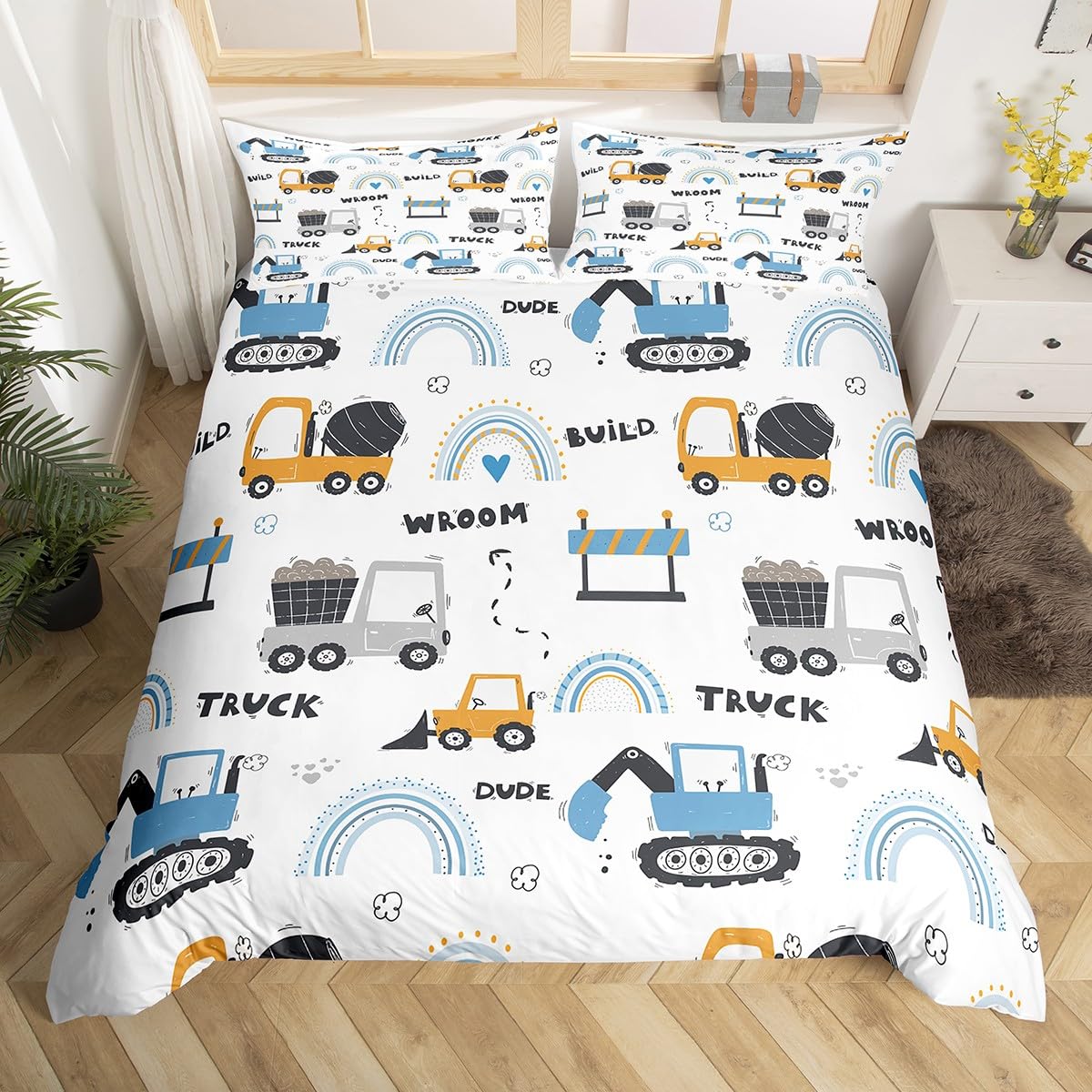 Manfei Truck Duvet Cover Set Single Size, Construction Car Comforter Cover with 1 Pillowcase