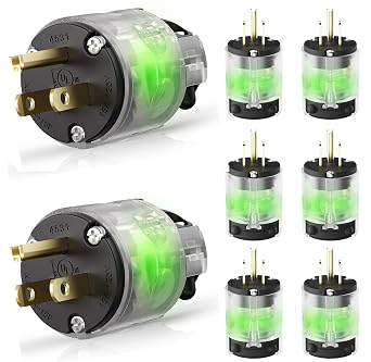 8 Pack Lighted Grounding Plug15 Amp 125 Volt Extension Cord Plug Replacement 3 Prong NEMA 5-15P 2 Pole 3 Wire Grounding Straight Blade Electrical Plug Replacement Cord Outlet ,UL Listed