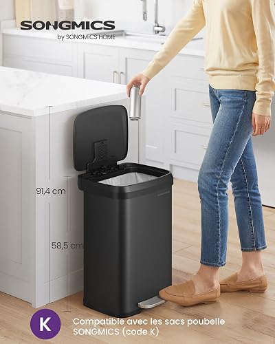 SONGMICS Poubelle de Cuisine, 50L, Poubelle à Pédale en Métal avec Couvercle, Grande et Haute, Noir LTB530B5002 - 2