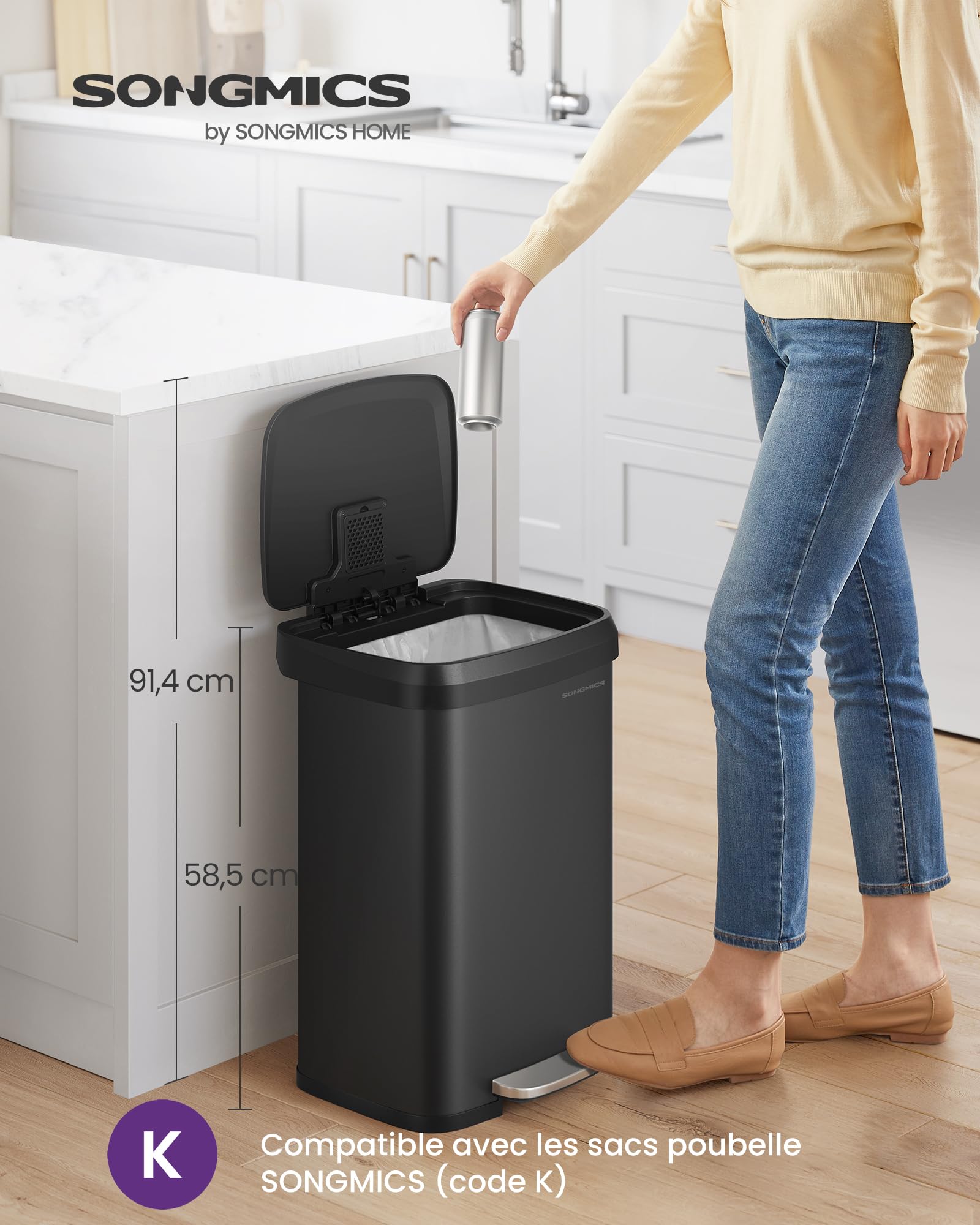 SONGMICS Poubelle de Cuisine, 50L, Poubelle à Pédale en Métal avec Couvercle, Grande et Haute, Noir LTB530B5002