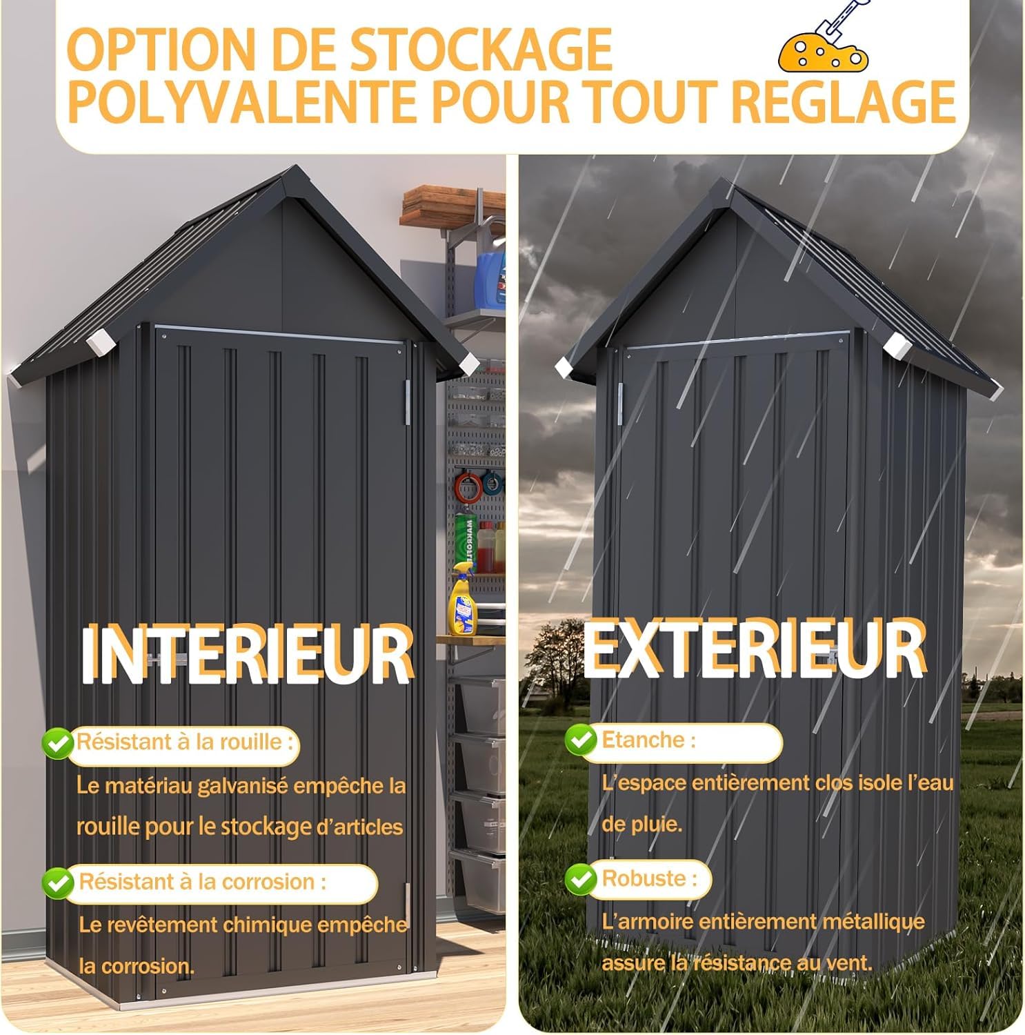 YODOLLA Abri de Jardin Métal,Cabane de Rangement Tout Climat,Armoire Jardin | Résistant aux Intempéries (Pluie, Vent, Soleil),Porte Fermeture Sécurisée et 3 Étagères Amovibles,76x55x178cm, Gris foncé