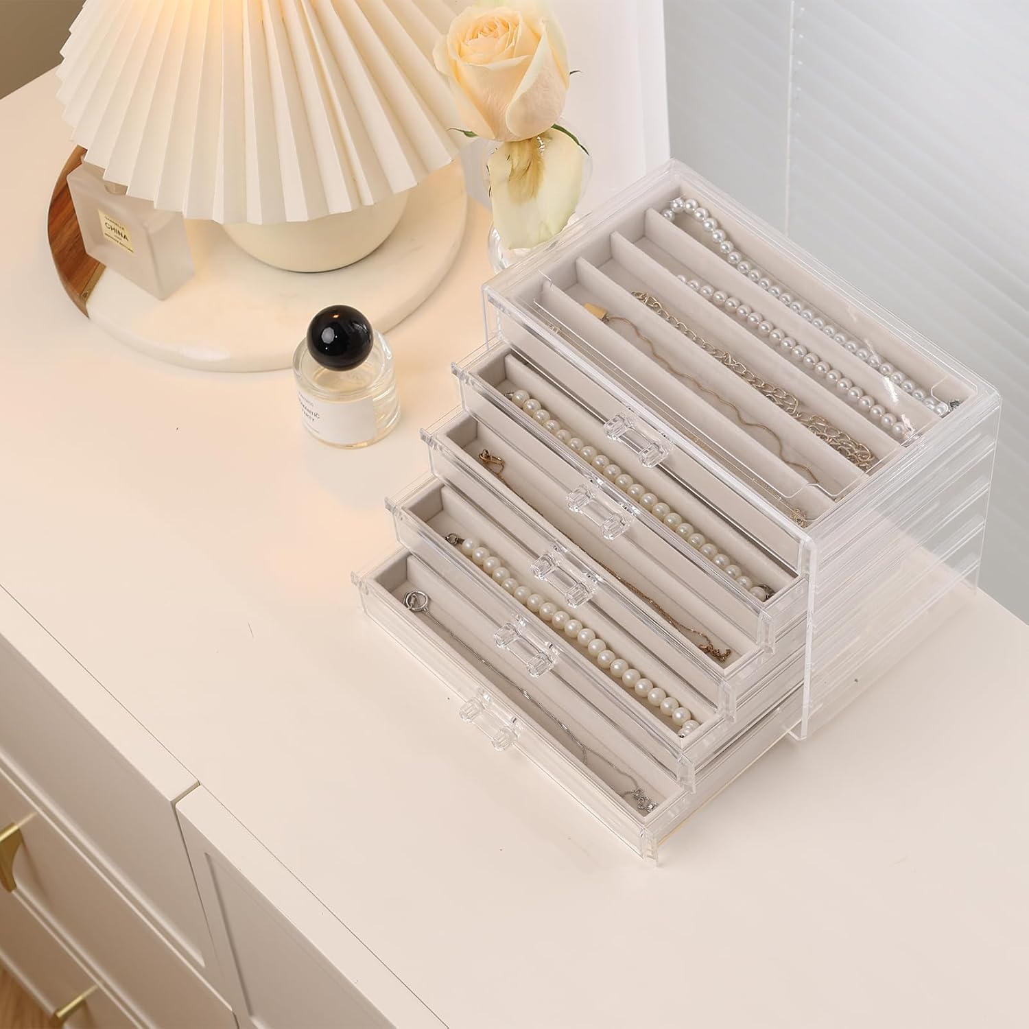 Necklace Holder Organizer, Acrylic Jewelry Box for Necklaces with 5 Drawers, Clear Chain Display Case with Adjustable Velvet Trays for Women Girls,Creamy-white