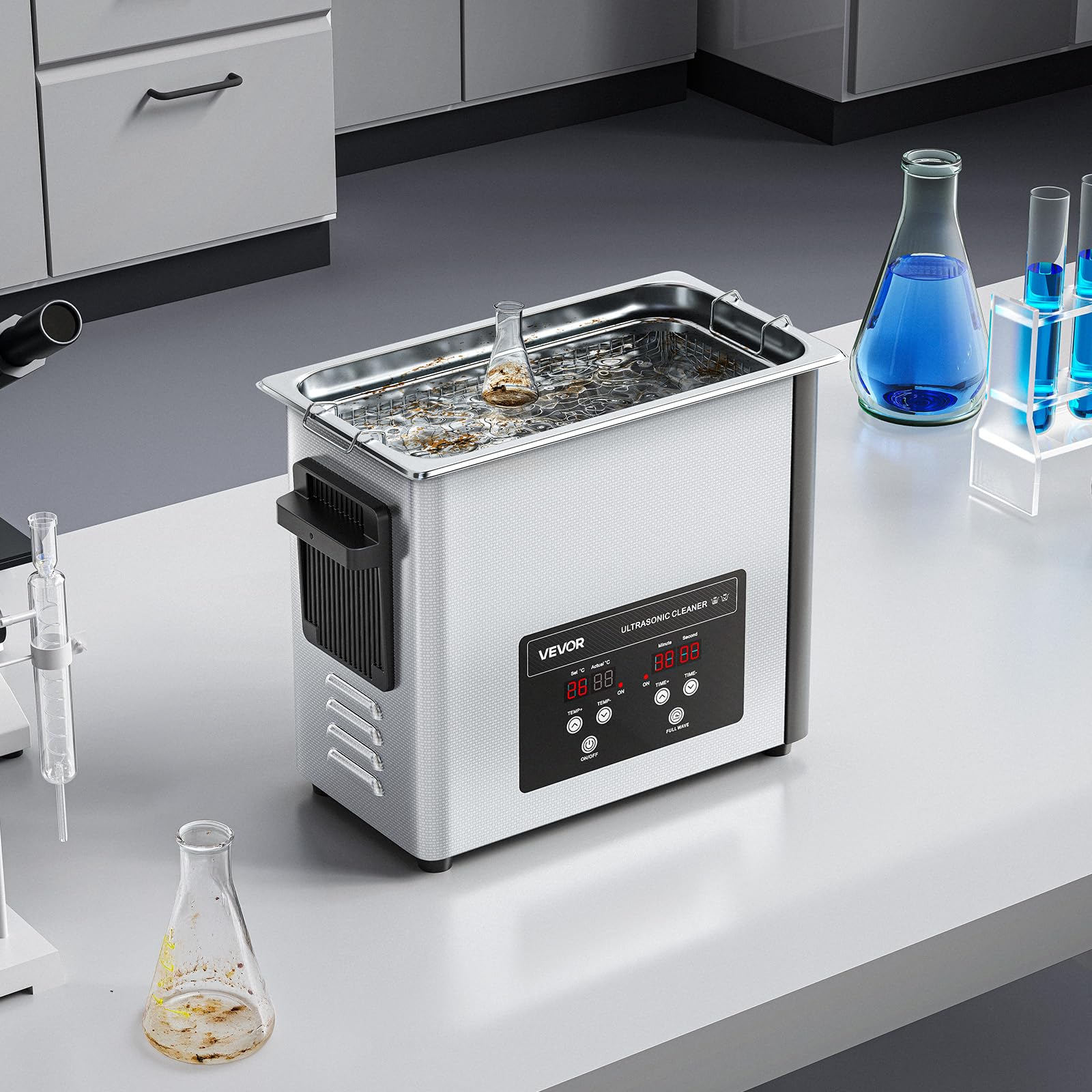 VEVOR Pulitore a Ultrasuoni da 6 L, Macchina Professionale per la Pulizia a Ultrasuoni, con Cestello di Pulizia e Schermo Digitale, in Acciaio Inox da 120 W e 40 kHz per Orologi, Rasoi, Gioielli