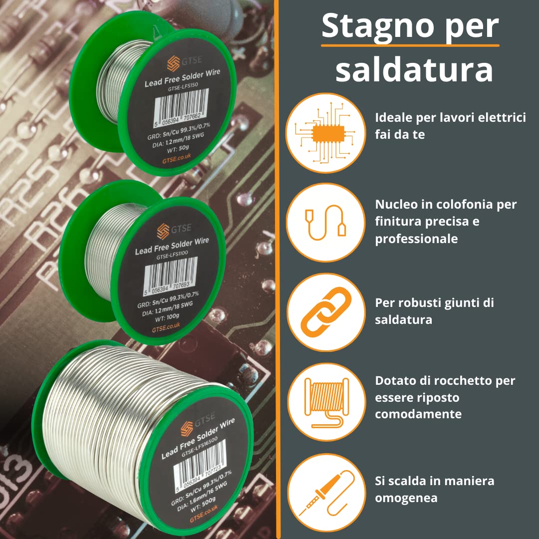 GTSE - Stagno per saldatura - Privo di piombo - Nucleo in colofonia - Sn 99,3 Cu 0,7-0,6 mm - 100 g su rocchetto