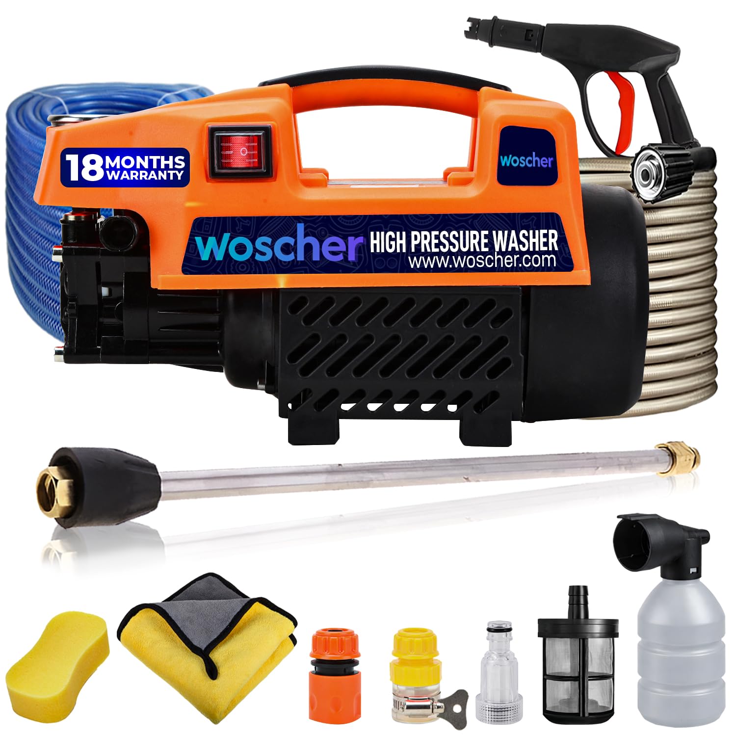 Woscher 878 Waterpro Washer High Pressure Pump Machine,1800 Watts, 150 Bars, 8L/ Min Water Flow Rate,8 Metres Outlet Hose, Portable, for Car, Bike and Home Cleaning Purpose, Black & Orange