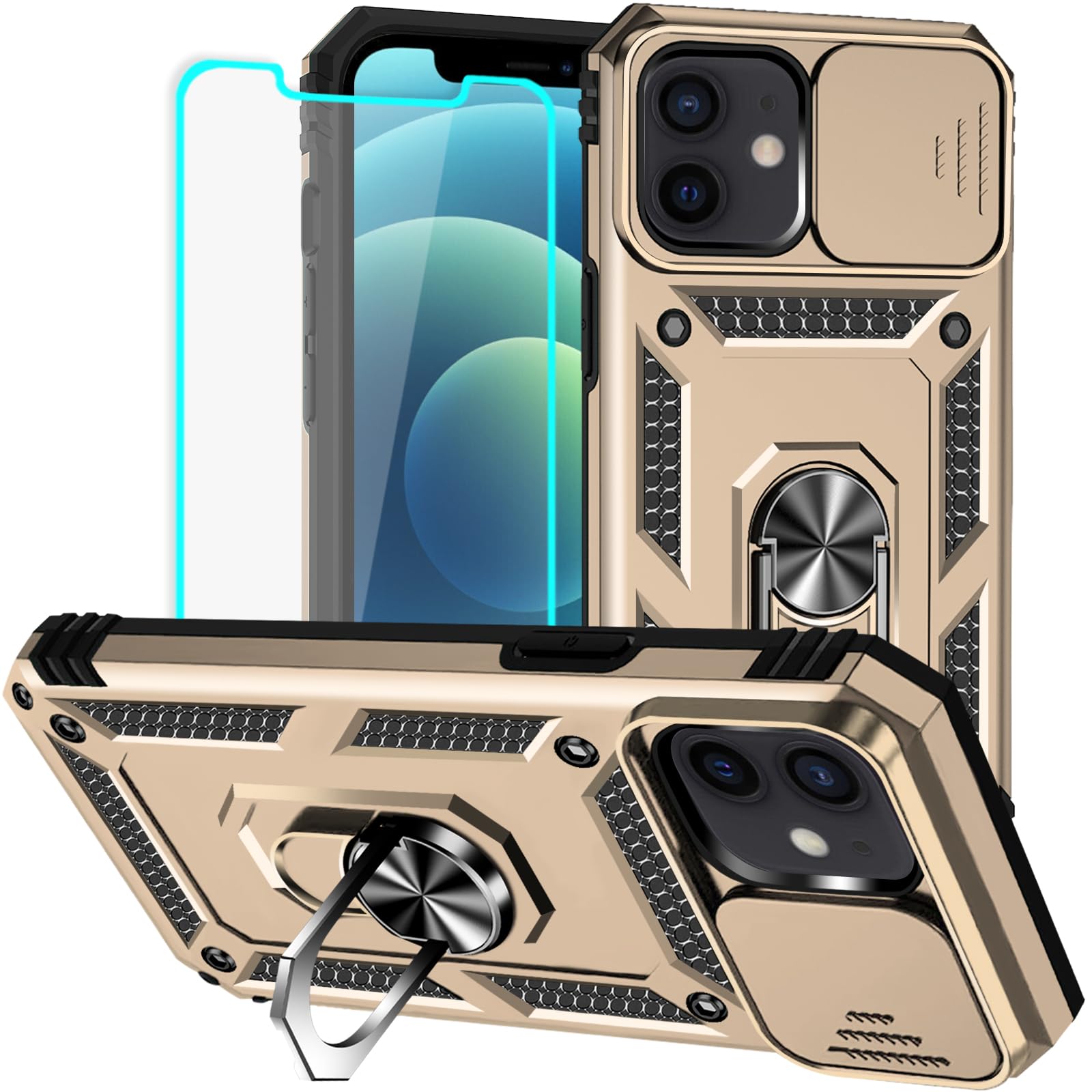 HNHYGETE for iPhone 12 Case/iPhone 12 Pro Case with Screen Protector: [Military Grade 20ft. Drop Tested] Ring Shockproof P...